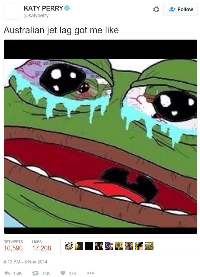 On November 8th, 2014, Katy Perry tweeted a picture of Pepe crying with the caption “Australian jet lag got me like”. Over the next three years, the tweet received more than 17,000 likes and 10,500 retweets.