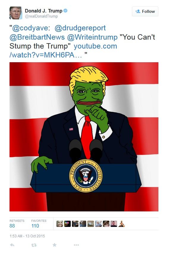 On October 13th, 2015, Donald Trump tweeted an illustration of Pepe as himself standing at a podium with the President of the United States Seal (shown below). Within 16 months, the post gathered upwards of 11,000 likes and 8,100 retweets.