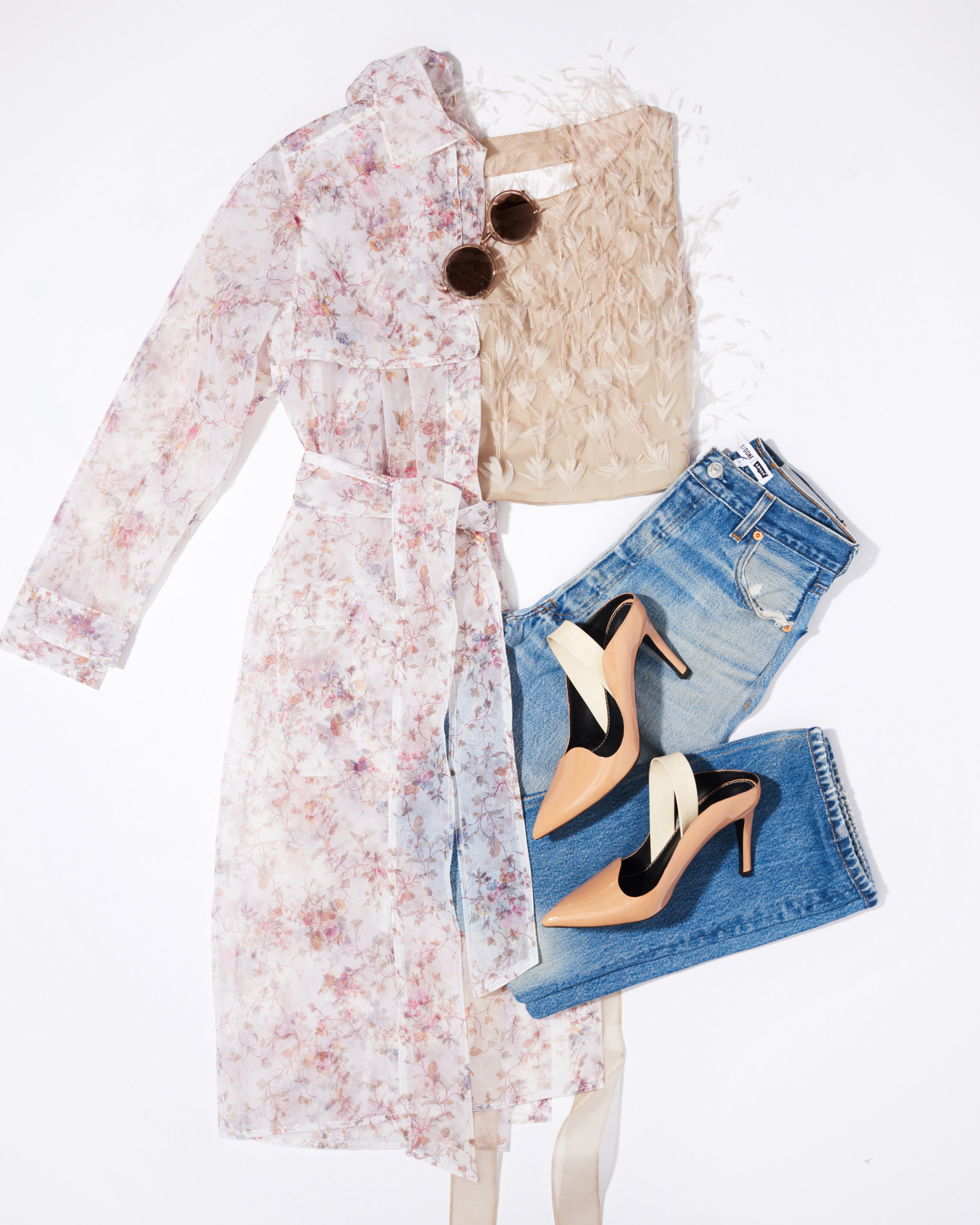 Ulla Johnson Hollis Coat $670 | Alberta Ferretti Feather Top $2,196 | Re/Done Jeans $285 | Proenza Schouler Mule $635 | Linda Farrow Sunglasses $997 