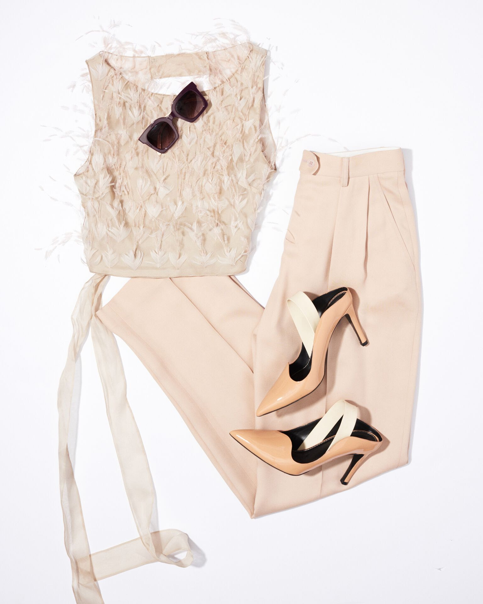 Alberta Ferretti Feather Top $2,196 | Acne Studios Pants $500 | Proenza Schouler Mule $635 | Prism Sunglasses $265