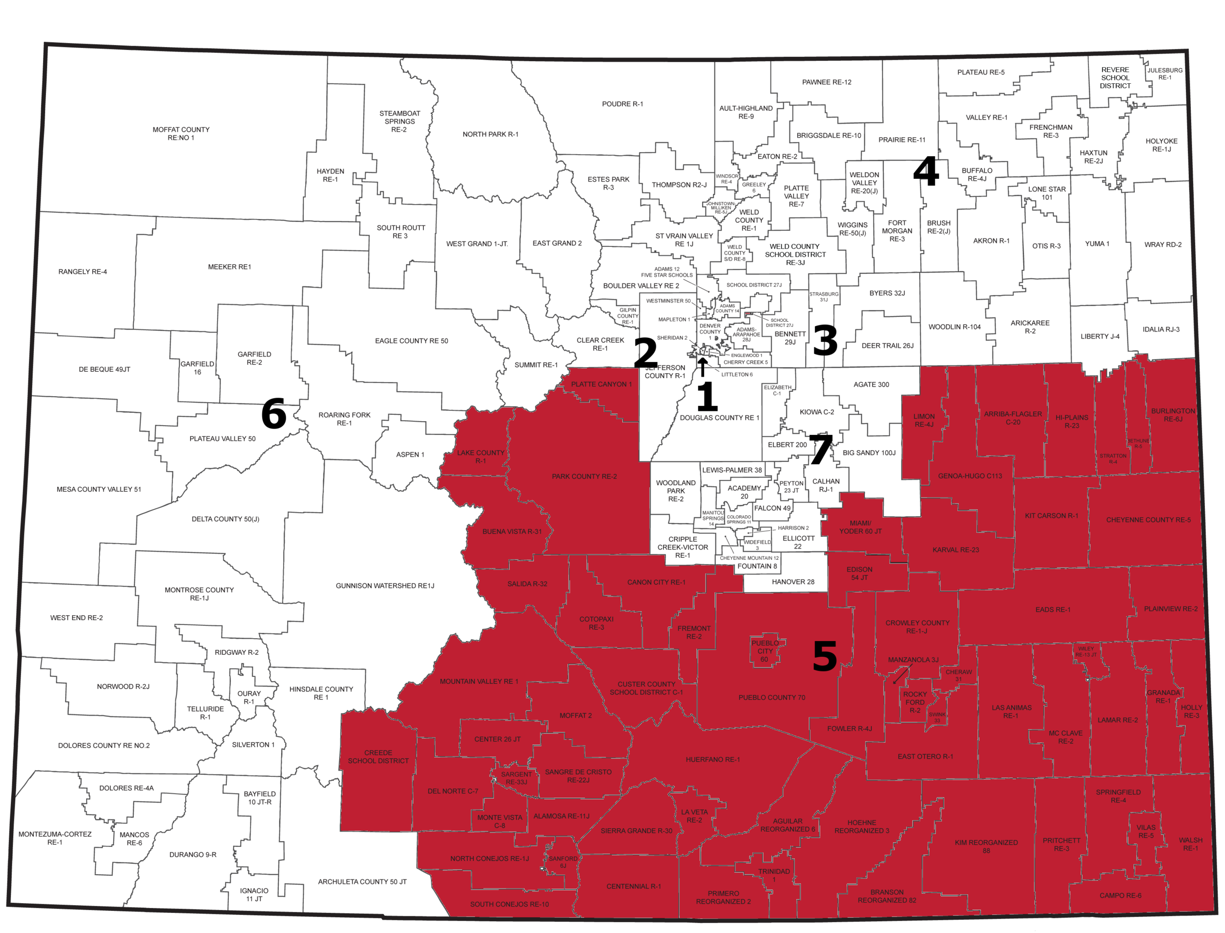 Region 5: Districts in Southern Counties (Baca, Prowers, Kiowa, Cheyenne, Kit Carson, Lincoln, Crowley, Bent, Chaffee, Otero, Las Animas, Huerfano, Pueblo, Costilla, Alamosa, Conejos, Rio Grande, Mineral, Saguache, Custer, Fremont, Park, and Lake counties)