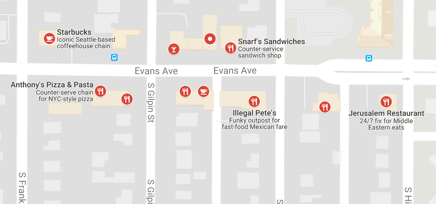 Restaurants to the west of main campus (near High St. and Evans)