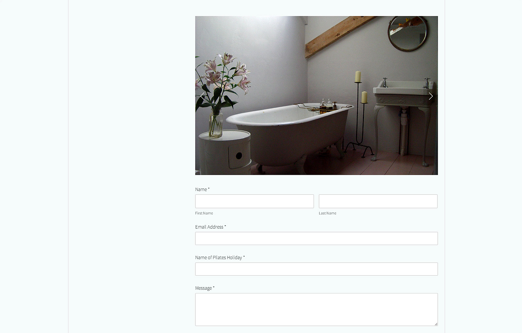 website page for pilates holiday bookings with photo of beautiful bathroom with roll top bath