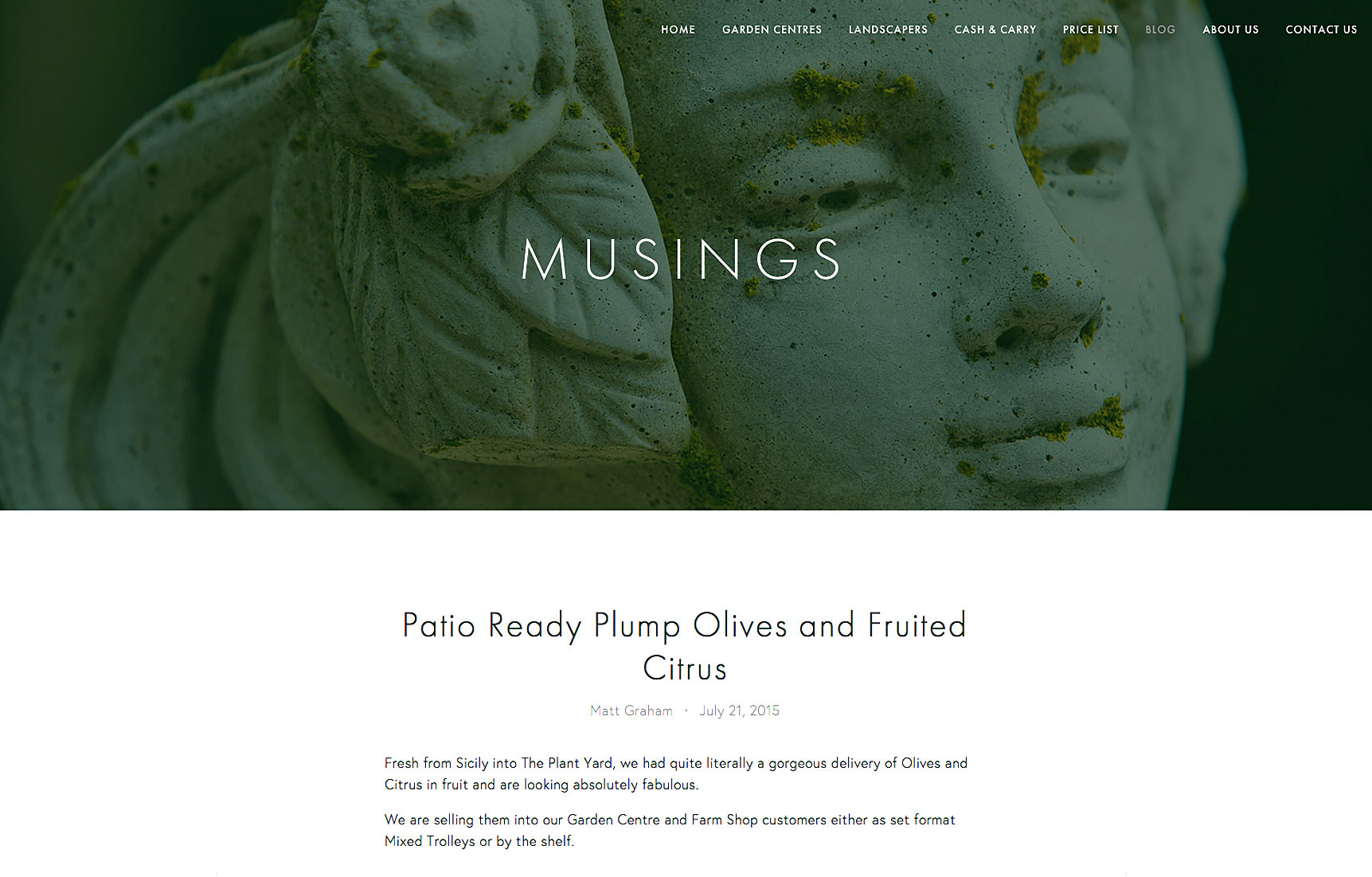 website page for a blog with large image of a green garden statue