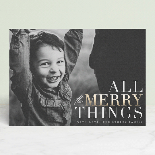 A touch of foil gives this typographic full-bleed photo a hint of shine while still leaving room for your best photograph. All the Merry Things by AK Graphics
