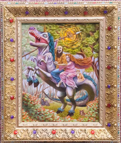 Self Portrait with Whitney Riding a Centaurasaurus Rex (With Therion, Hermione, Varese, and Stoney in Attendance) (2013) 16"x19" Oil on Panel in Repurposed Frame
