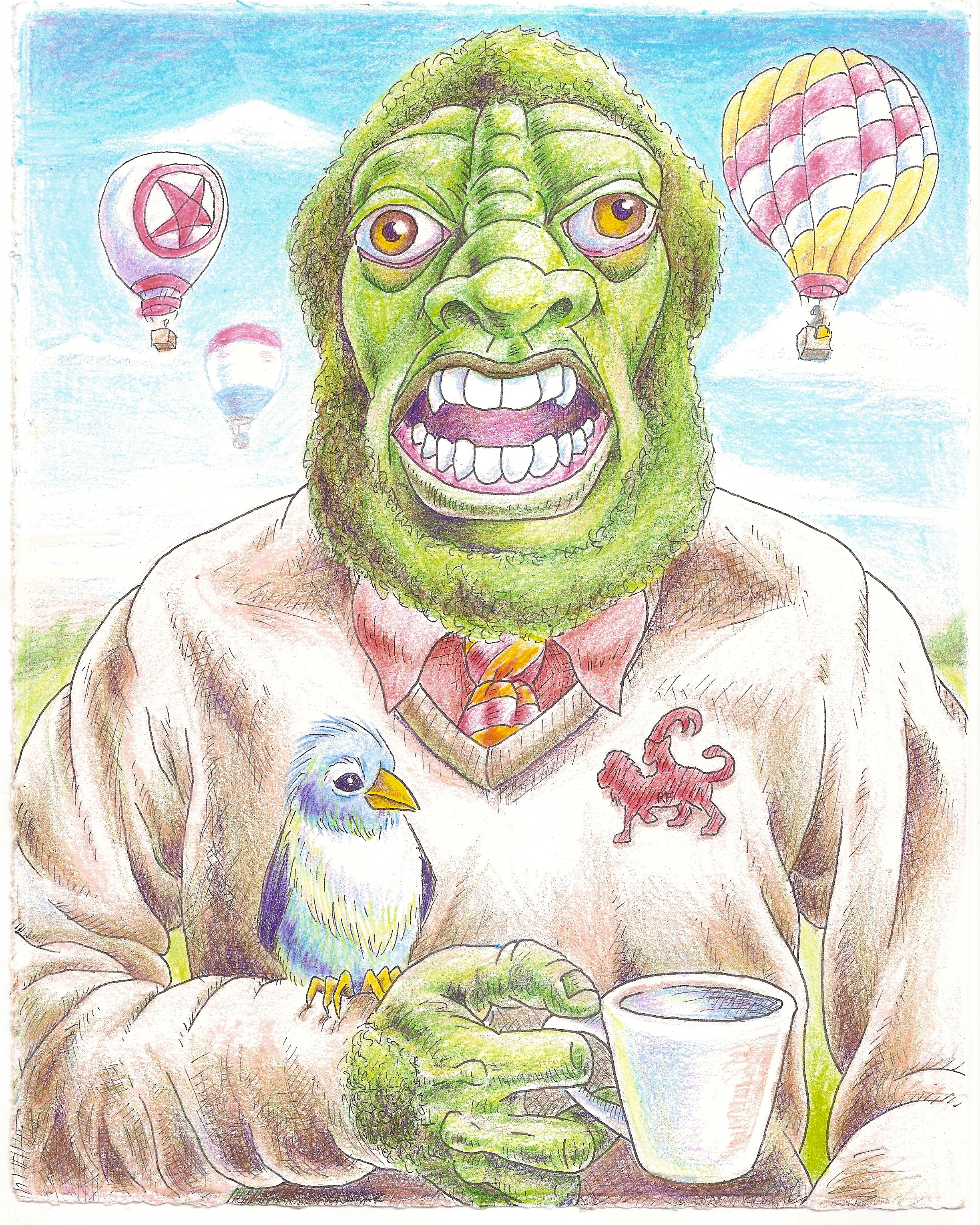 "Moss-Man Hot-Air Balloon Fantasy" (2015) Colored Pencil on Paper