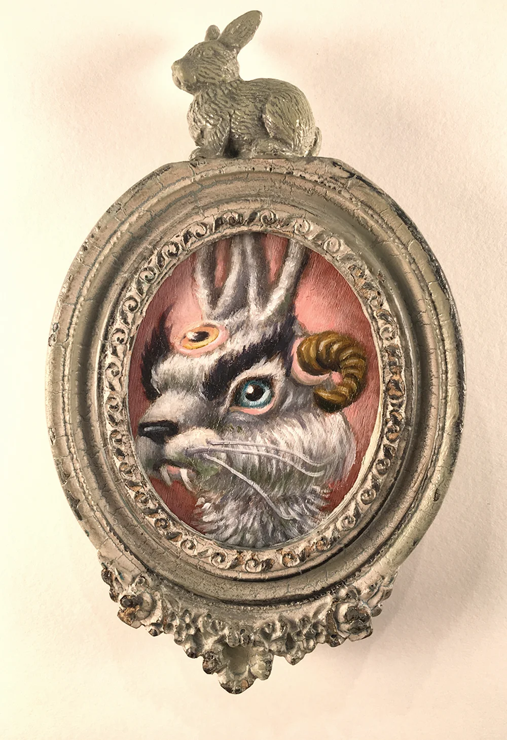 "Esquilax" (2016) 3.25"x5" Oil on Panel / Acrylic on Tiny Frame / Acrylic on Plastic Rabbit