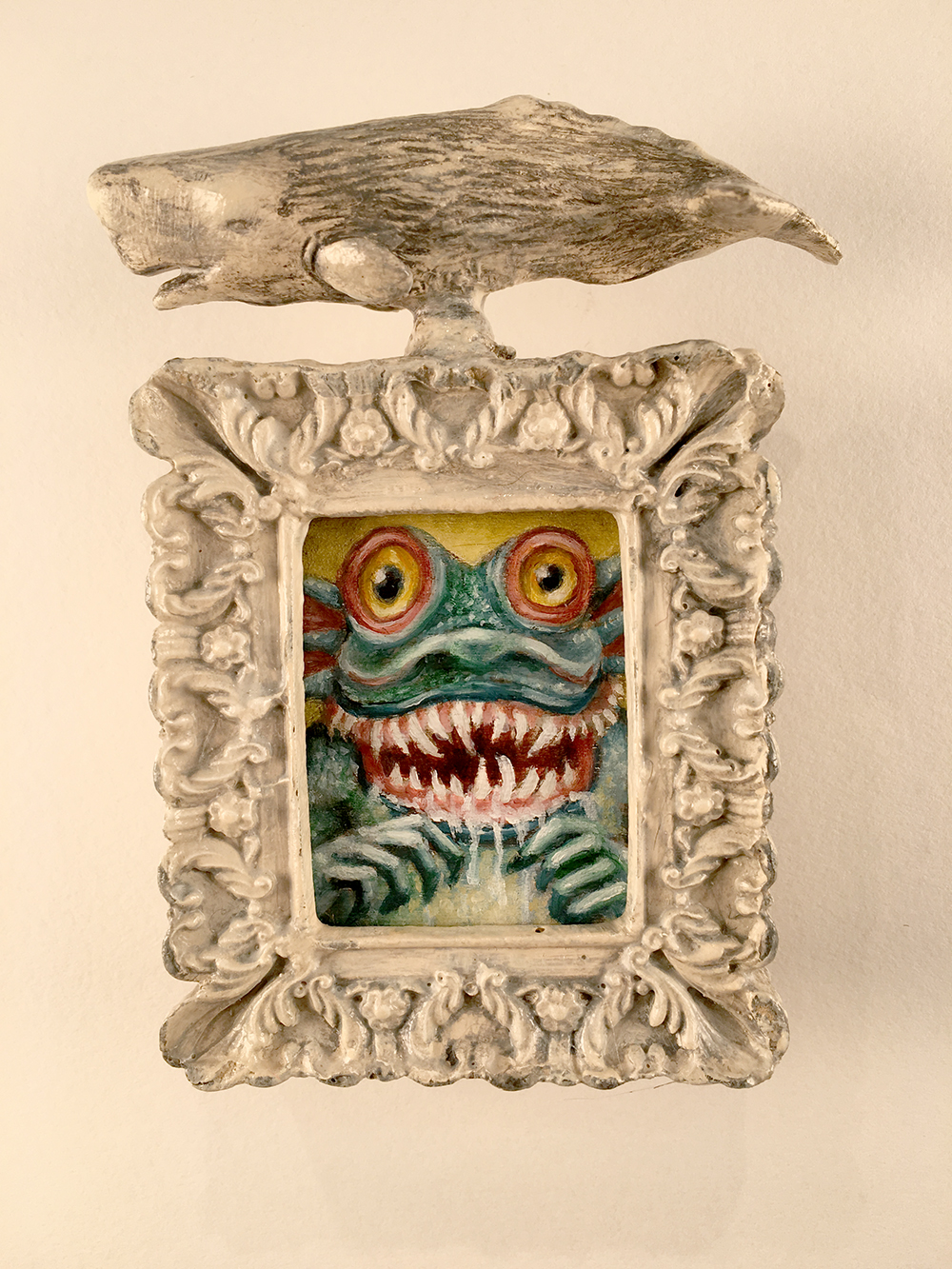 "AquaCreep" (2016) 2.5"x4" Oil on Panel / Acrylic on Tiny Frame / Acrylic on Plastic Whale