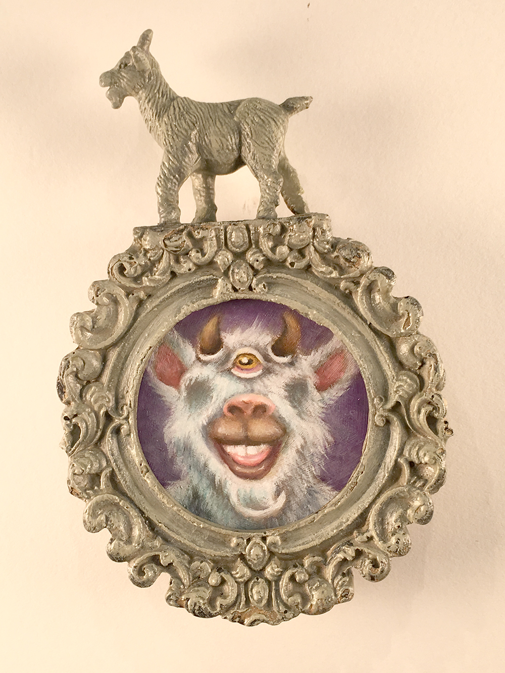 "Goat clops" (2016) 3.25"x5" Oil on Panel / Acrylic on Tiny Frame / Acrylic on Plastic Goat