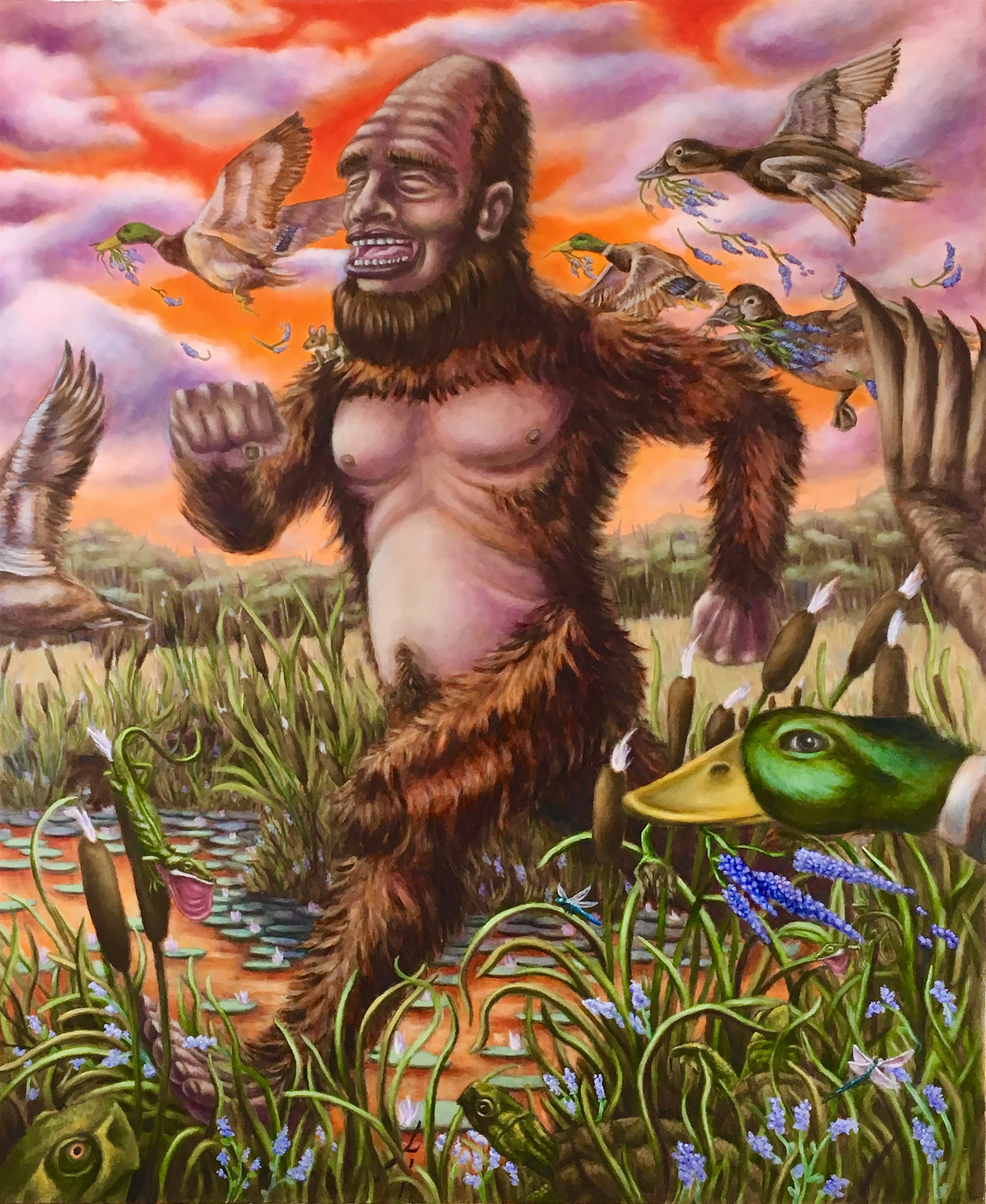 "Sasquatch Running Joyfully Through The Reeds With Ducks Flying All About Him" (2017) 20"x24" Oil on Panel