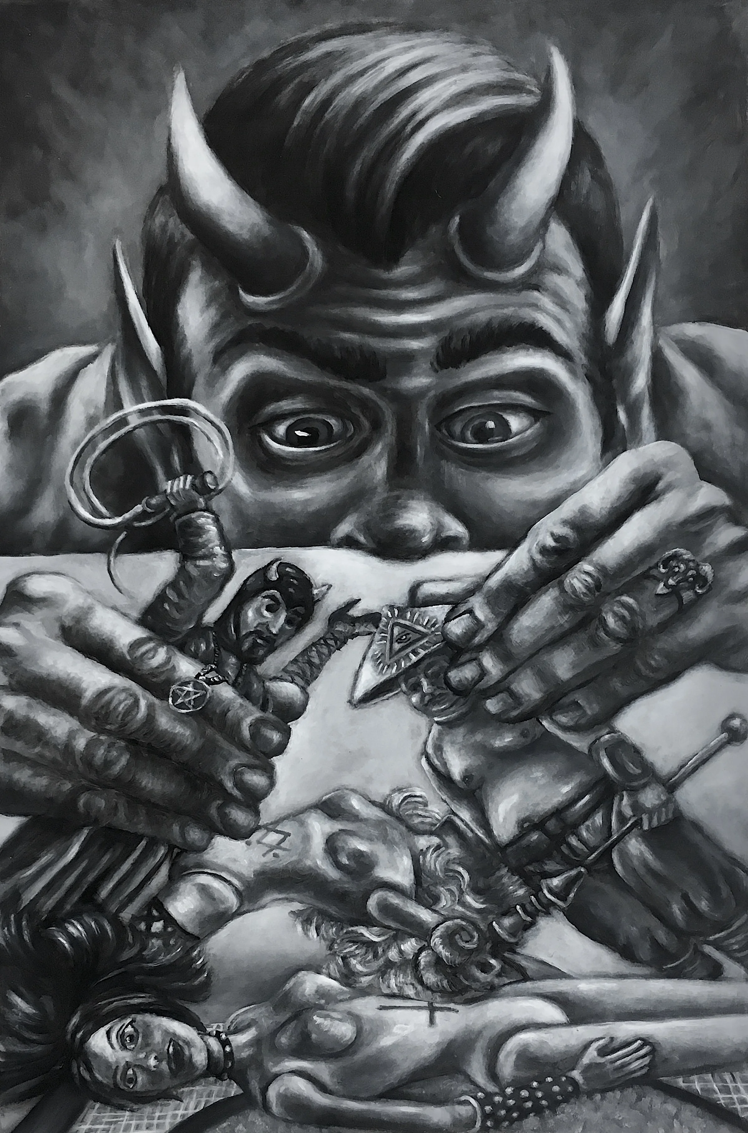 "Satan Playing with His Collectibles" (2019) 8"x12" Oil on Paper