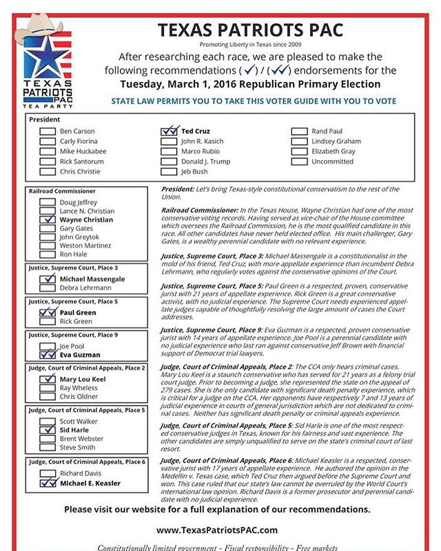 Here is the official Texas Patriots PAC voter guide for all of the statewide races! No matter where you live in Texas, you get to vote in these races. Share this far and wide so that your fellow conservatives will know who to vote for. (Be sure to br