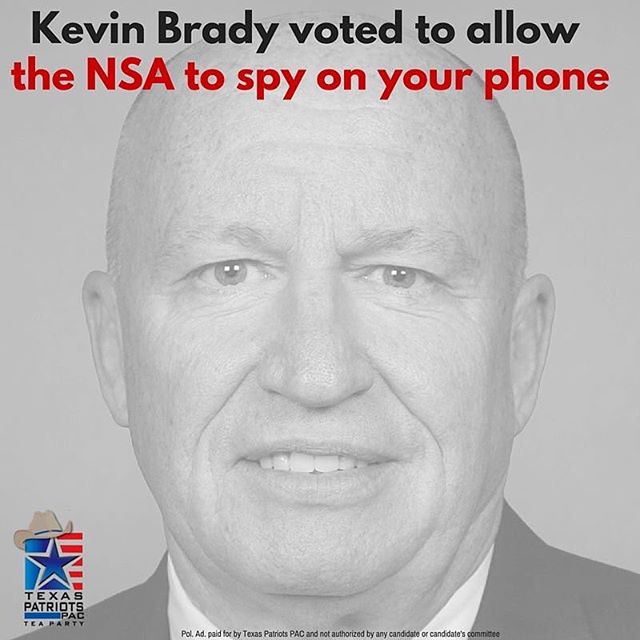 Kevin Brady continuously votes against attempts to reign in the warrantless, unconstitutional domestic surveillance of U.S. citizens under the NSA. (H.Amdt 503 to HR 2685, 2015; H.Amdt. 935 to HR 4870, 2014; H.Amdt. 413 to HR 2397, 2013) While survei