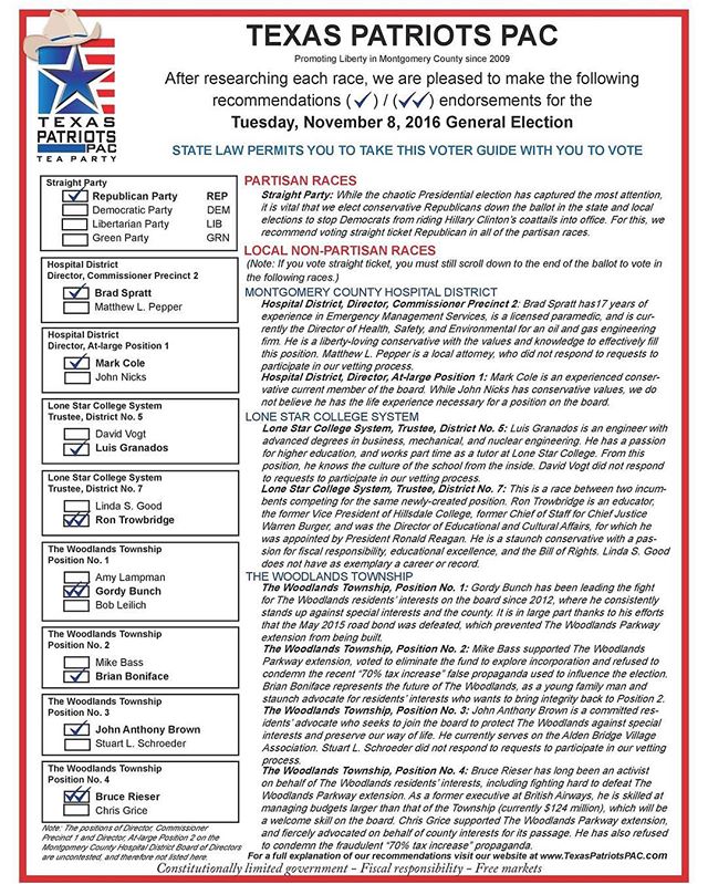 Our November 2016 voter guide! Be sure to scroll down to the end of the ballot in order to vote in these nonpartisan races. Voting straight ticket won't cover these! #thewoodlands