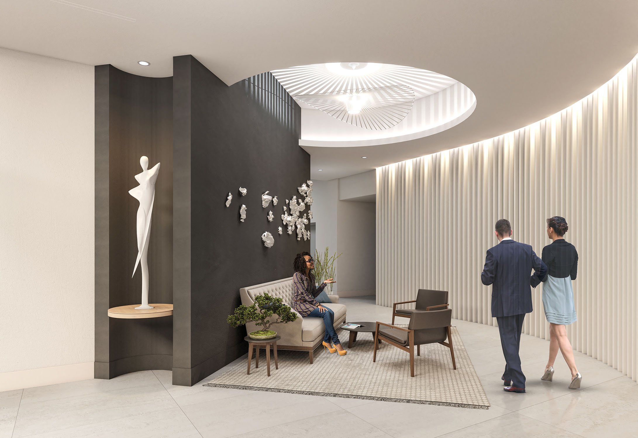  Interior rendering showing the lobby and interior design of 320 Fillmore by 4240 Architecture. 