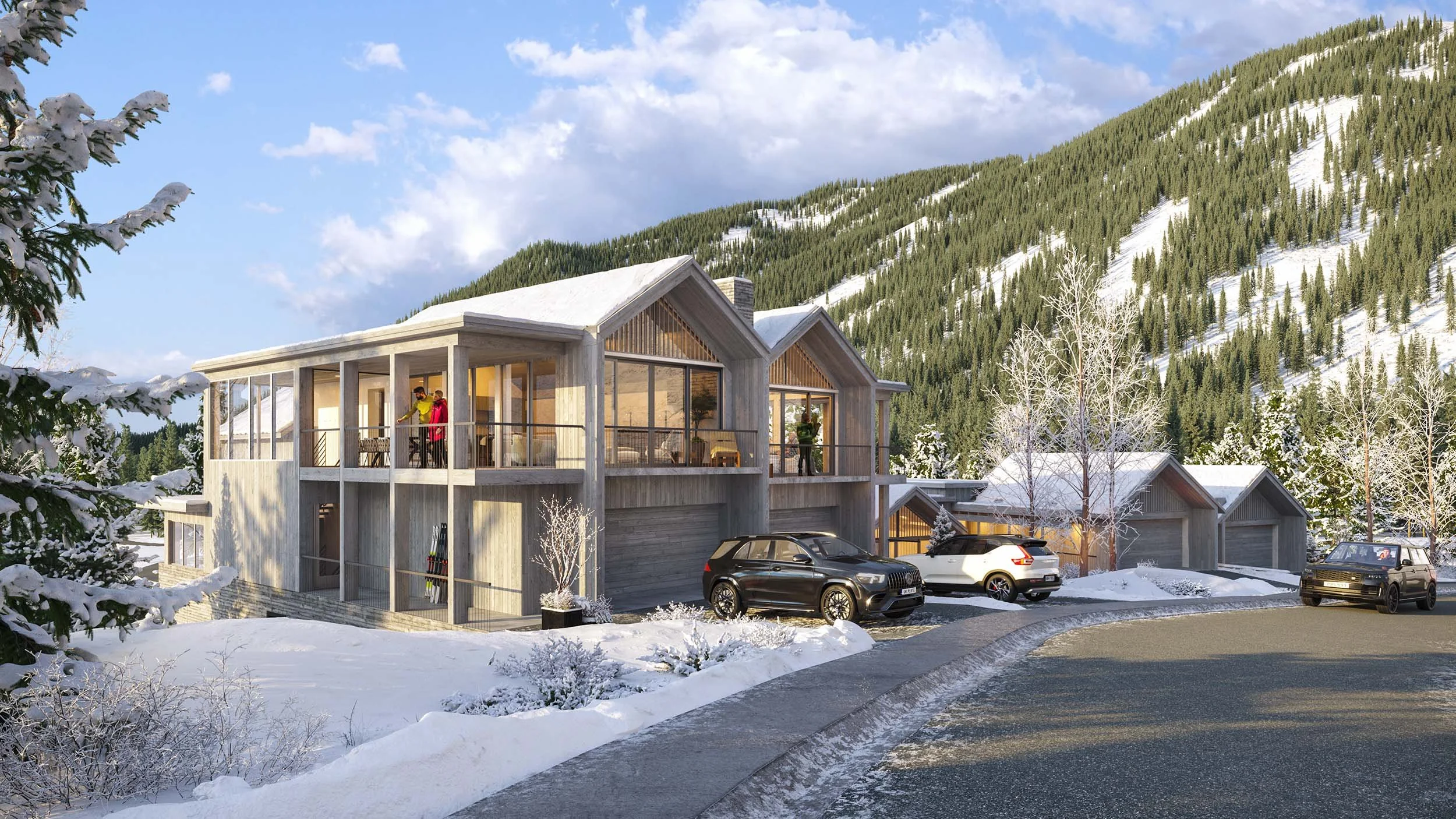 Ample windows and decking to blur the lines between the mountain peaks and the nestled townhome within Copper Mountain. View in winter. Designed by 4240 Architecture.