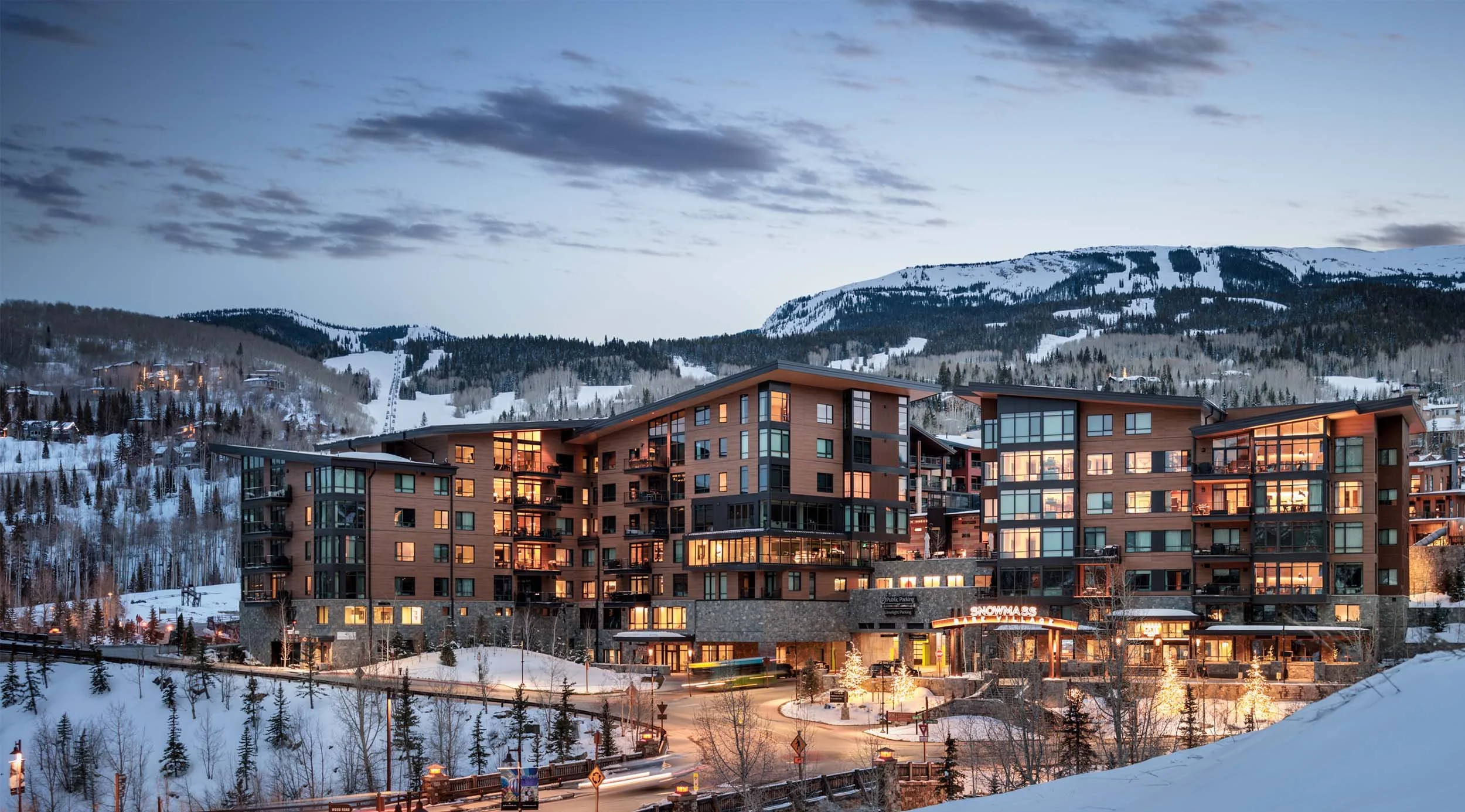 Picture of One Snowmass, the gateway multifamily residence  and hotel of Snowmass Base Village Ski Resort by 4240 Architecture.