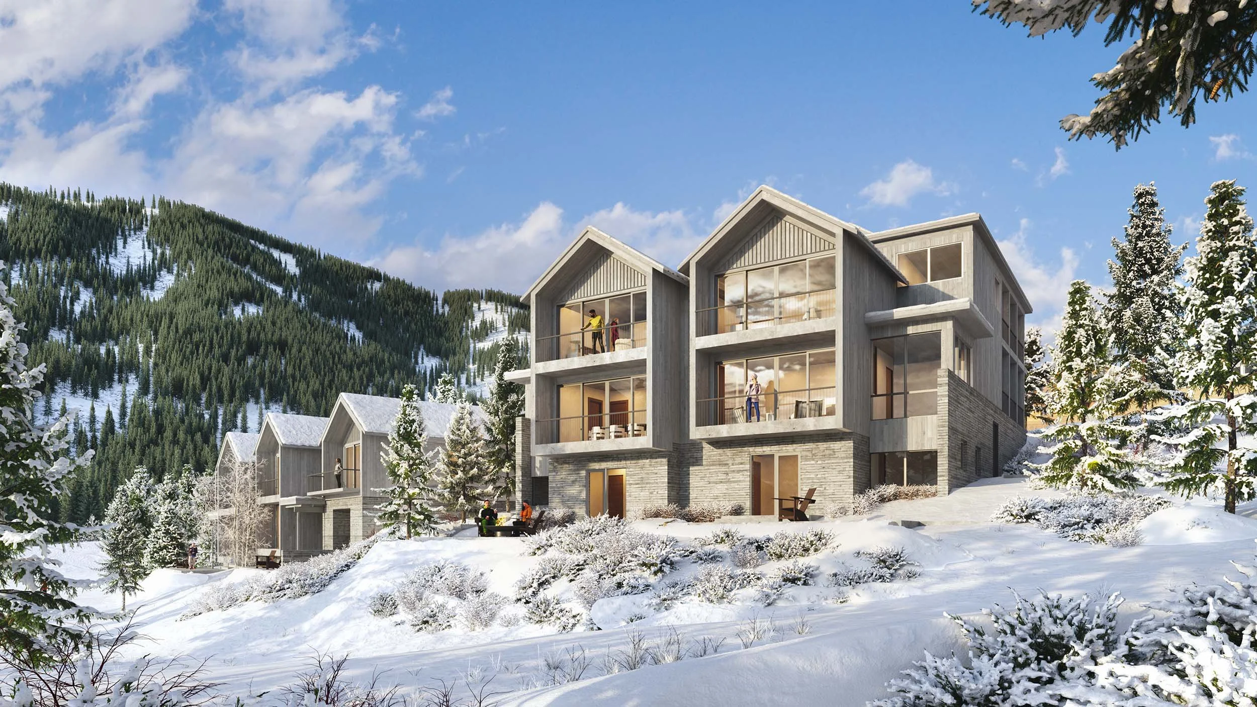 Rear view of low energy use and naturally inspired design of Born Townhomes in the winter.