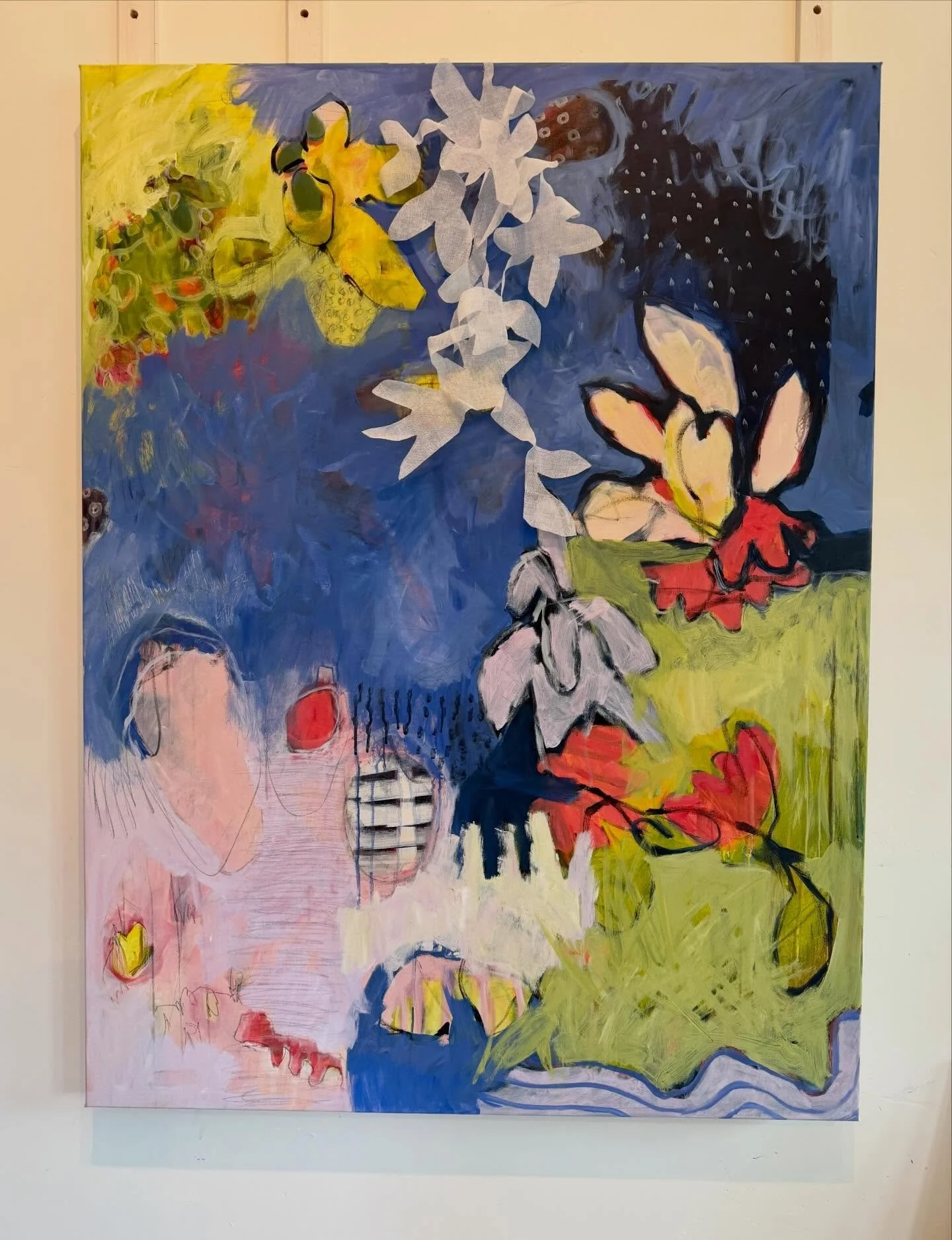 This paintings colors are a little too Easter-egg like for me so far, but the effects of spring time are evident and are permeating many of the paintings I&rsquo;m working on. Considering adding/incorporating cut-out fabric motif that&rsquo;s hanging