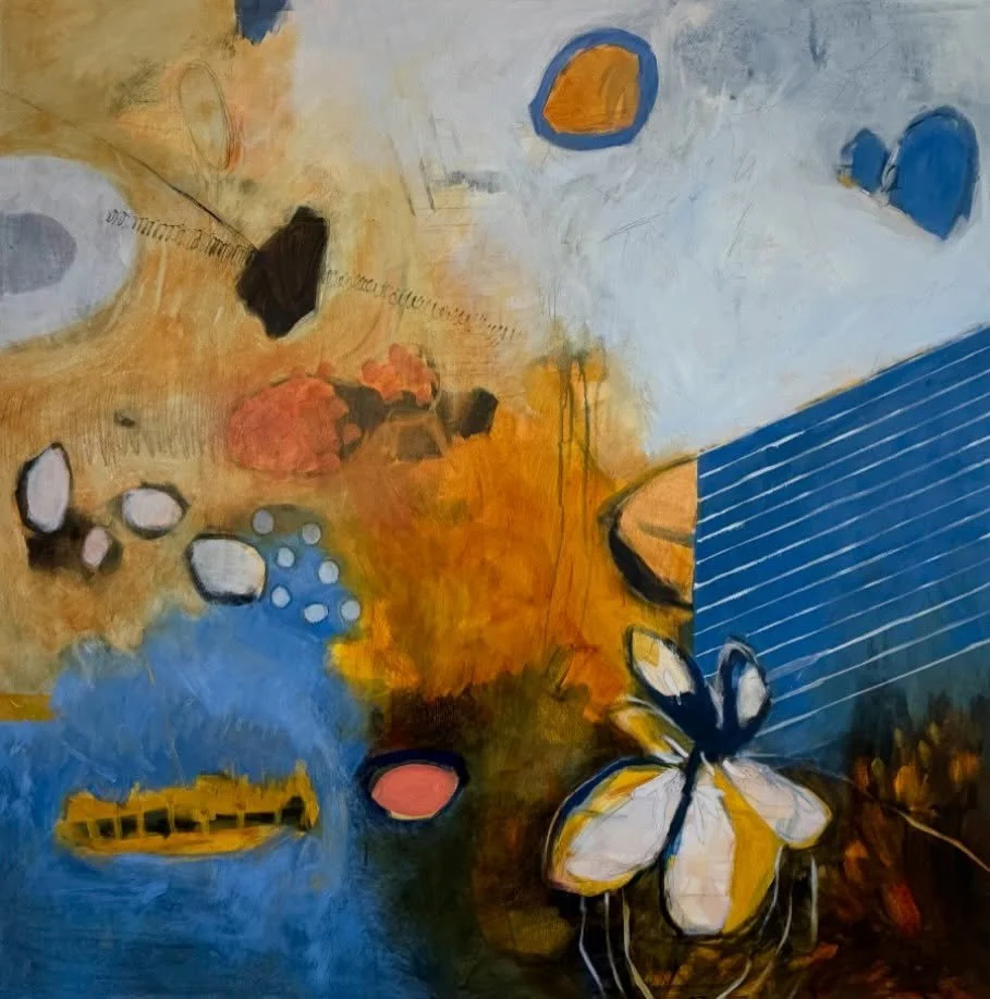 This piece. A favorite recently. Maybe because it was started in Santa Fe last fall, a beautiful time of immersing myself in art making and slower living. Maybe because I adore the blue next to the coppery orange. Maybe because I love the straight li