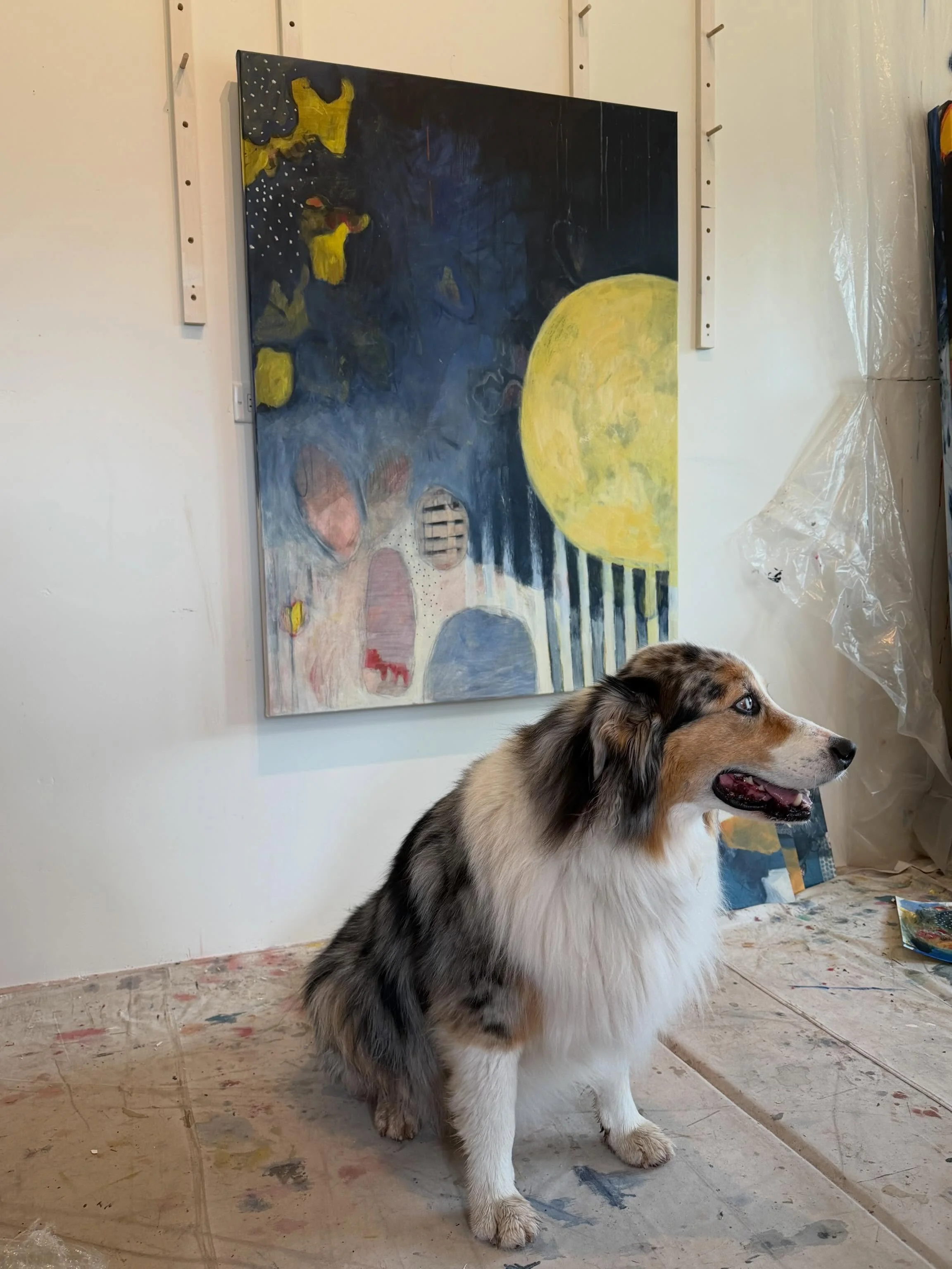 This studio assistant is a keeper forever and ever. This painting? Not so sure. I fluctuate between loving certain parts and wanting to scribble over the whole thing.  I trust it will all land and usually these complicated ones become my favs. #proce