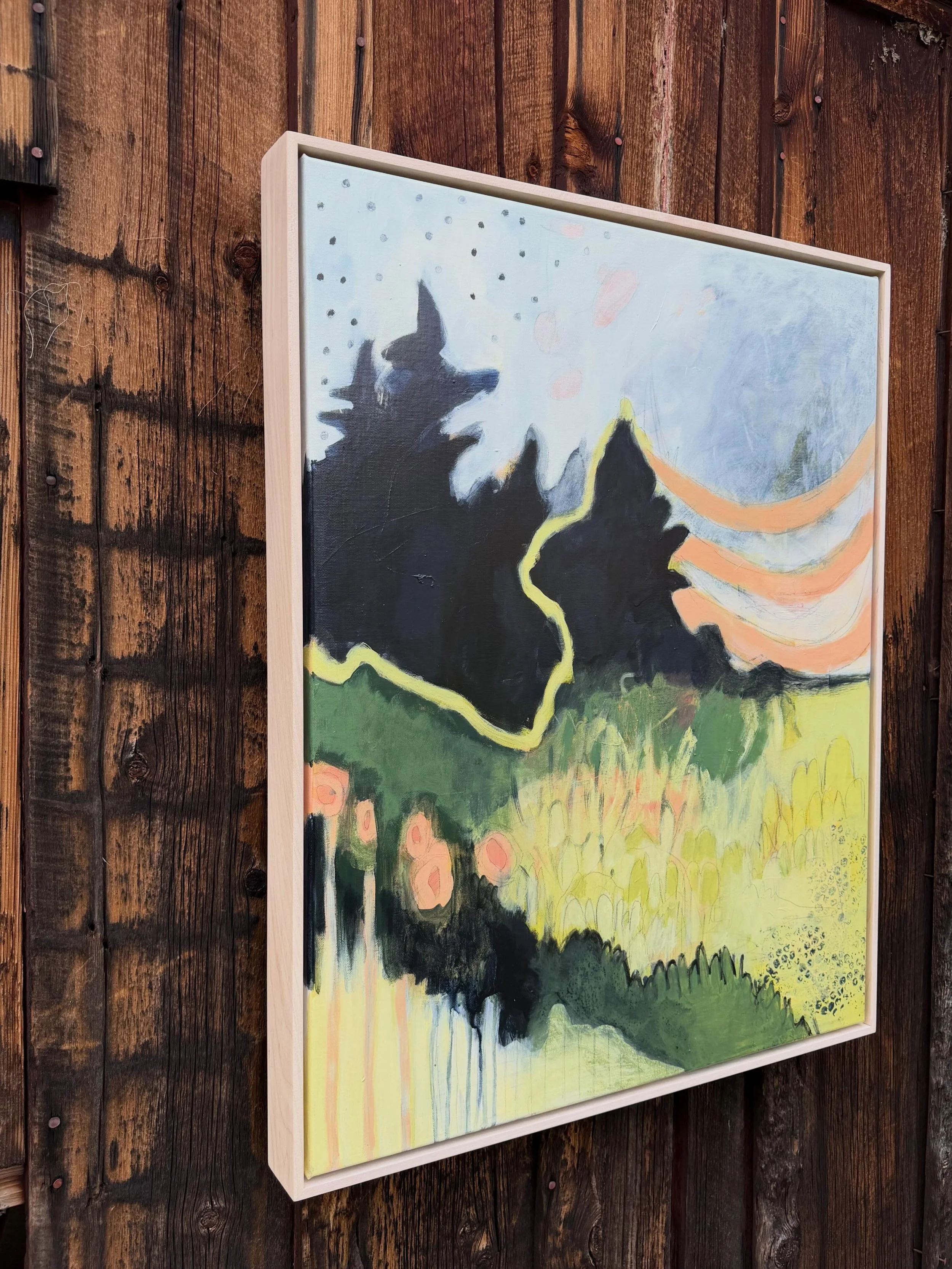 These two, Daybreak and What Causes the Heart to Flutter, are now hanging as part of the show Exploring Terrains @thecenterjh 

I like the soft palette that emerged, the landscape silhouettes interspersed with weird shapes, the scribbles&hellip;Natur