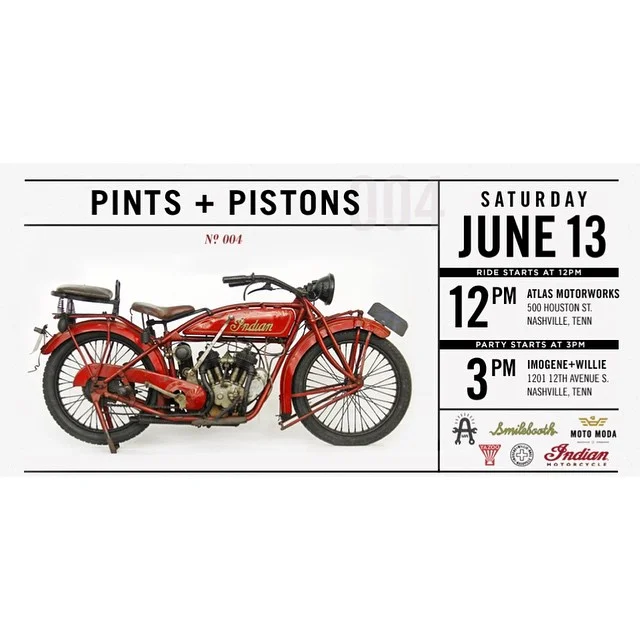 Not going to Bonnaroo because you don’t have artist passes, or you’re in town and wanna escape all tihe crazy CMA fest mayhem?!?! Come ride with us Saturday June 13th starting 12pm here at #forthouston for the 4th annual Pints + Pistons hosted by @imogenewillie and these fine sponsors @indianmotorcycle @smilebooth @yazoobrew @motomodashop (at Fort Houston)