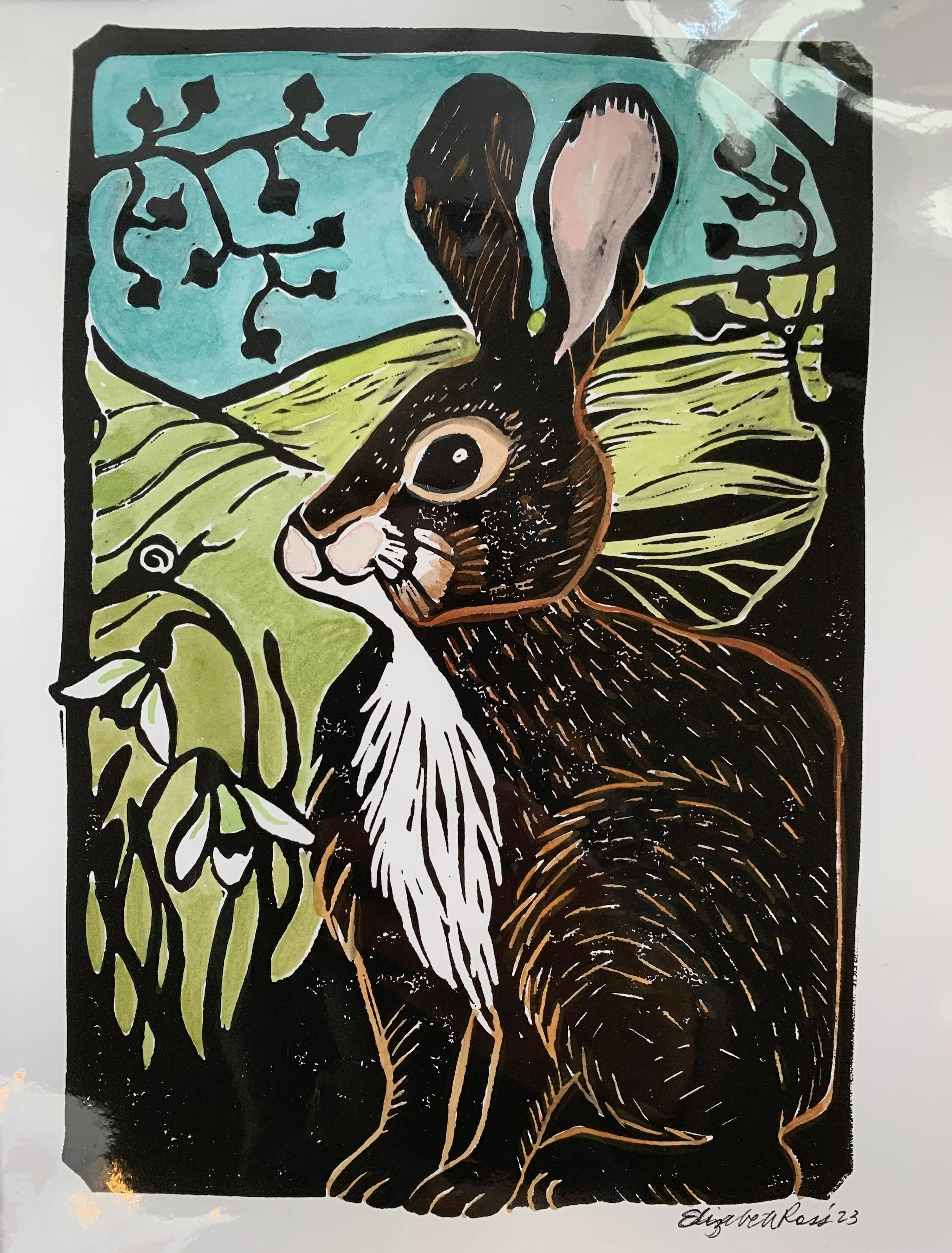 Spring Bunny – Block Print and Hand Painted Gouache