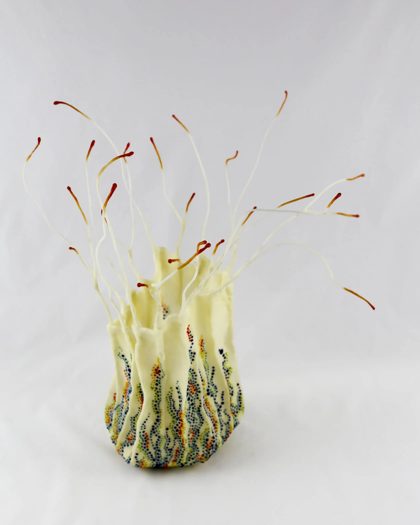 "Vessels Are We" (18 x 23 x 19) (Hand-sculpted mulberry paper infused with many layers of beeswax, adorned with encaustic paint bead-like droplets, and embellished with wire "branches").