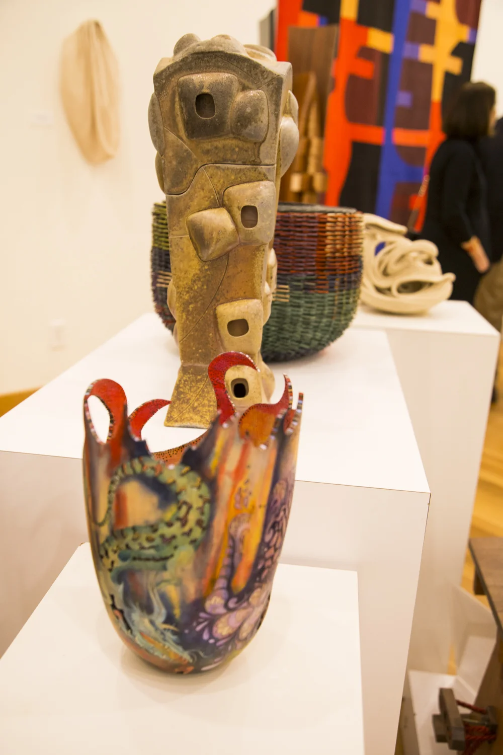 Carol V. Hall with Michael Kehs and Dan Greer (PA), Dragon Vessel: When Fire Dries a Tear, and Stephen S. Robison with Kathleen Guess (WA), Pasta Box (behind vessel)