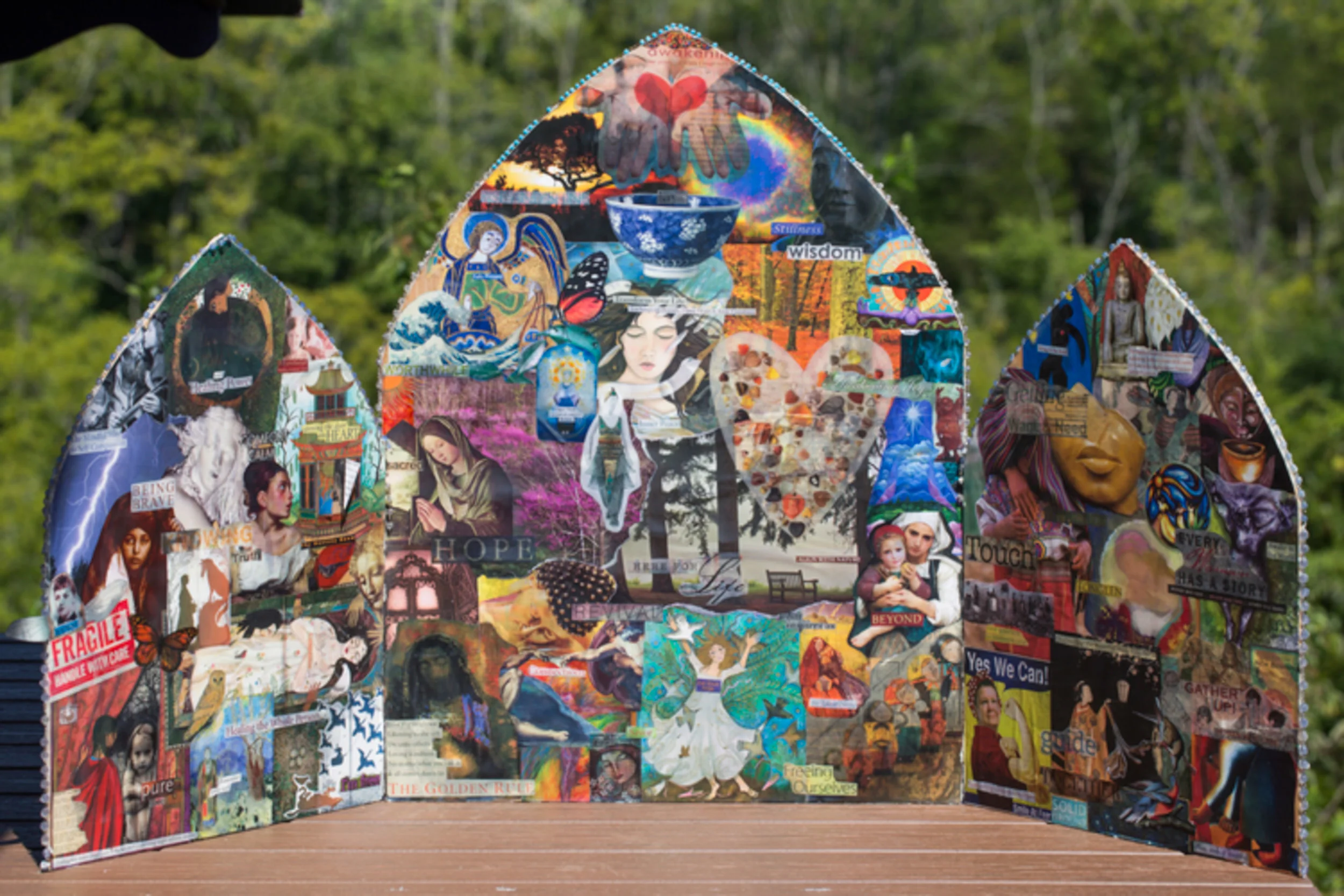 "Reclaiming the Sacred", 2010, (60 x 32 x 12 inches), (detail images below, reworked with colored pigment and encaustic)