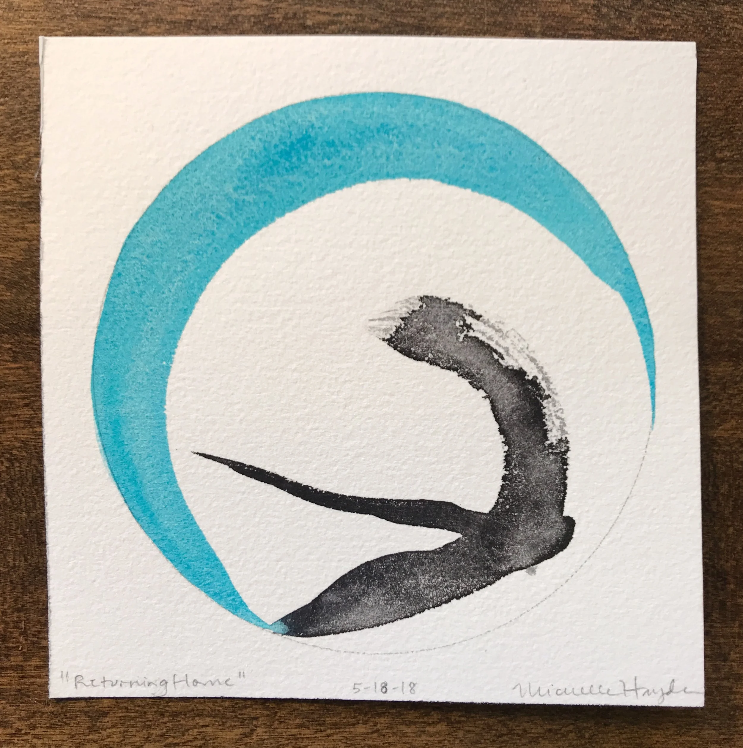 ("This morning’s painting was an exercise in brevity, as I attempted to avoid the raindrops that began to fall within moments of beginning. I found it fitting that the randomly placed swish of the black brush left marks reminiscent of a bird in flight. I could not help but smile as I thought of us all packing up in this light rain, which we were so fortunate to largely avoid, heading home to our own secure nests.")