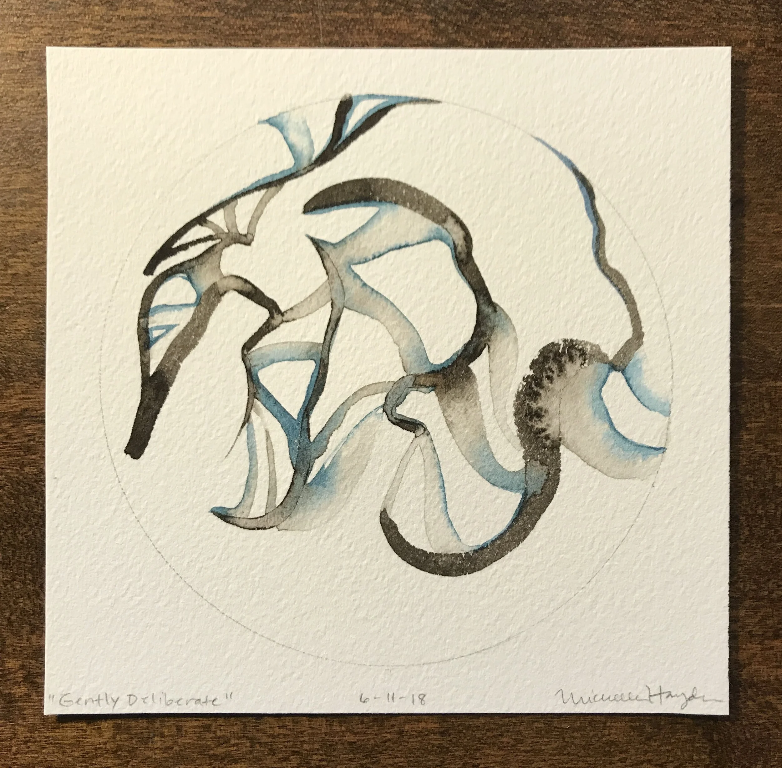 ("For as much as I love nature, brown has not often shown up in these circles. So, today I tentatively dove in, and encouraged my hand to paint a continuous line, no shape in mind (per usual). My curiosity peaked as I began to connect the rendered lines with a mere trace of water, watching the pigment release and flow into the newly created path. The transformation that happens with the introduction of water continues to fascinate me, and the delicacy in creating the finer connections brought relief after the initial decisiveness needed to start the original line. There is always interplay between our will, choice, and things out of our control that exist in our daily lives. It is nice when the lines of resistance can soften and release can happen, even if only for a moment...")