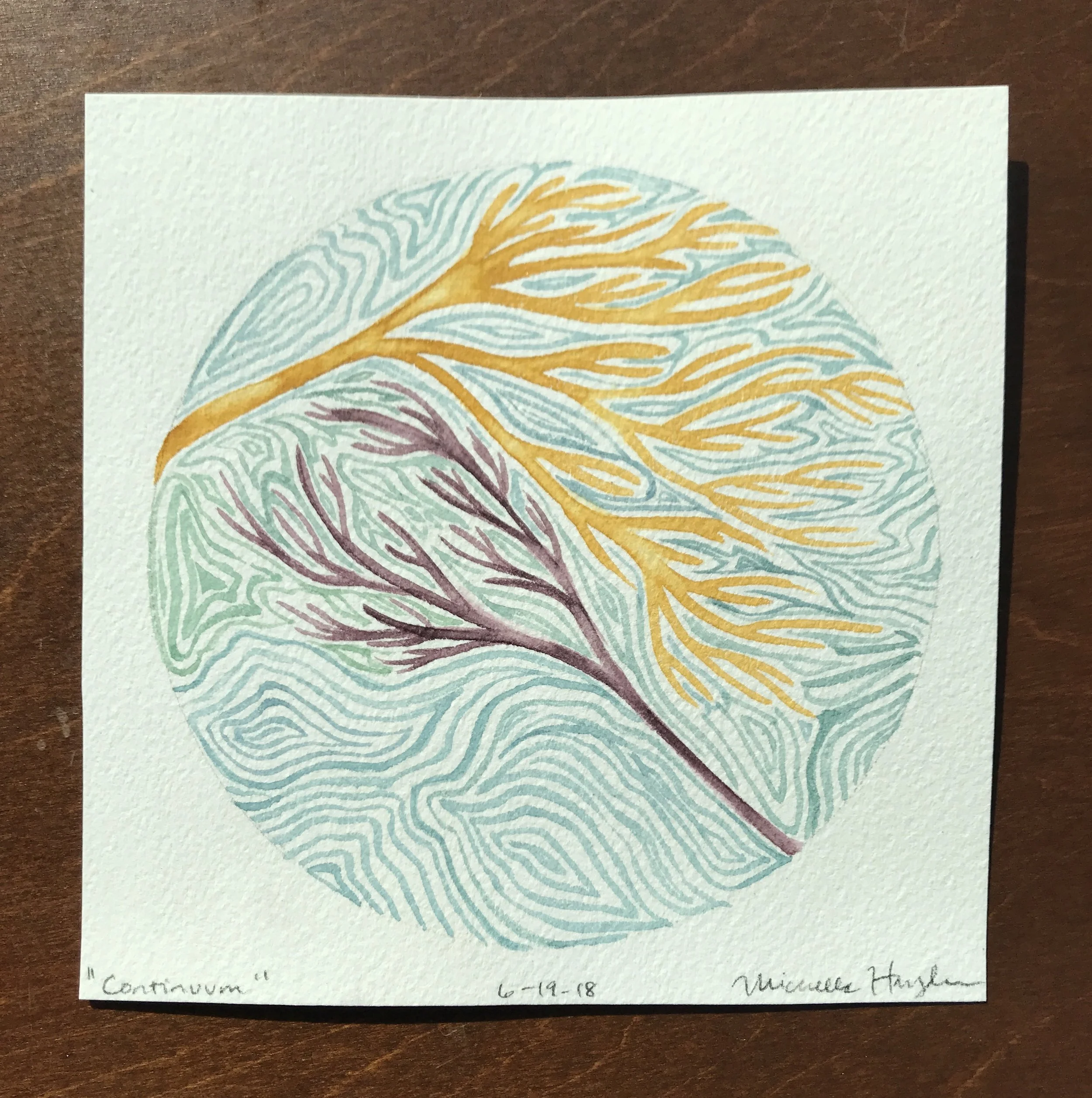 ("As I paint while driving (spouse) along the highway to return home (which is an interesting challenge on these bumpy curvy roads), my mind is preoccupied with shapes of specimens found along sandy shores, remnants of living beings pulled forth from the ocean‘s depths. Having seen and touched variations of live branches and brightly colored coral as well as those fossilized, my thoughts return to coral fragments we have discovered on our hillsides in Kentucky. Basic research reveals that the age of this KY coral is hundreds of million of years old, which is difficult to comprehend... even more so is imagining our land being under ocean water. It leaves me pondering the profound experience of being alive during a mere moment in a long progression of time, mindful yet again of the imprint we have the opportunity to leave...")