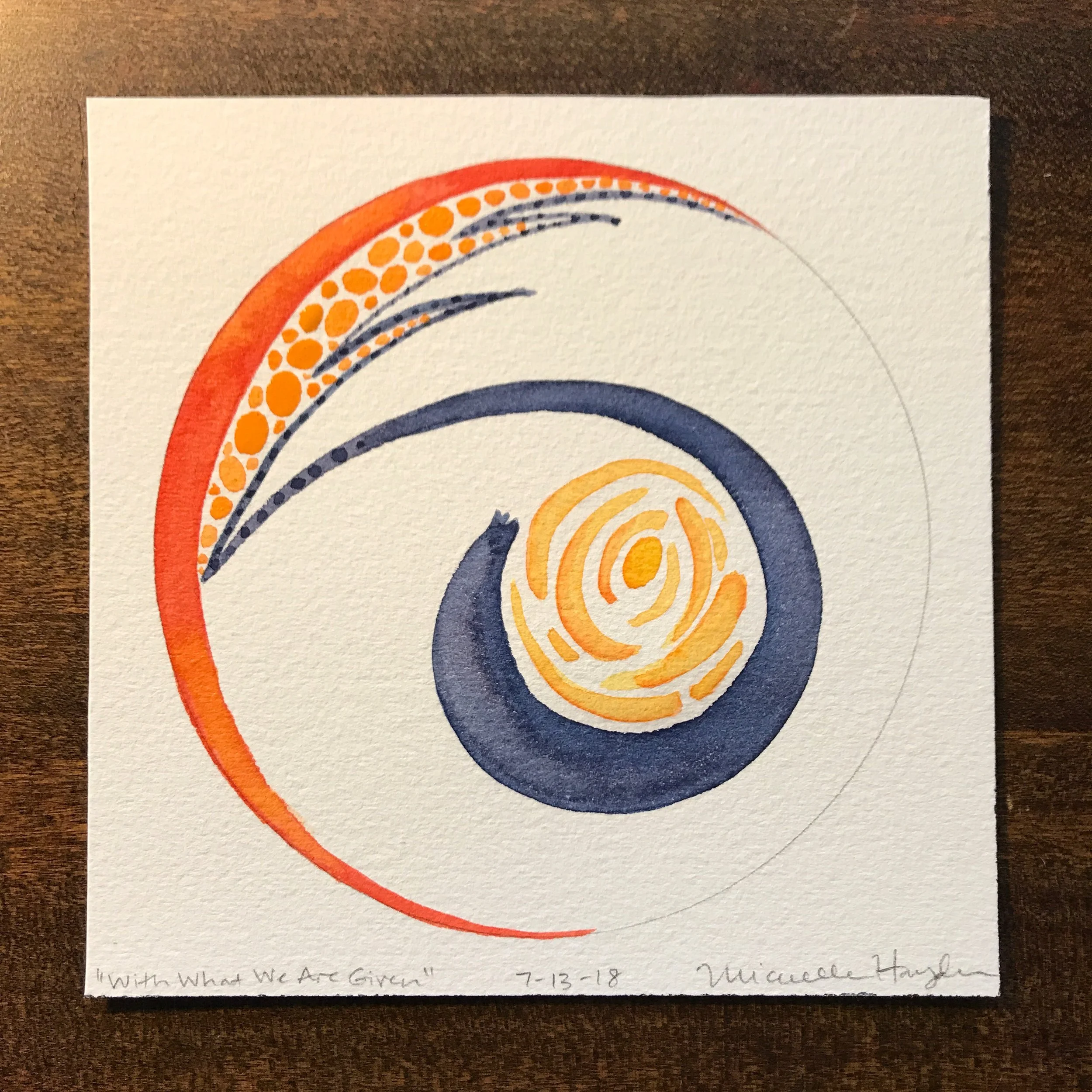 ( "This morning as I went to dip my brush into fresh paint pans, it occurred to me that it would be interesting to paint only from my enamel pan that holds remnants of color from over-saturated brushes. Using this palette was both limiting and expansive, as many of the dabs of paint run into adjacent ones, creating blends I would not have found (or wanted) in my straight pans. How like life this short exercise is— to use what we have in front of us, encompassing all forms of our well-being, and to make the best of it. This is timely, as I leave my family nest here this morning for 6 days that span connections with beloved family, friends, and some care for my body. I am grateful to have the love of all that I will briefly leave as well as join. Perhaps we can find beauty alongside the muddied in what is left on our palette...")