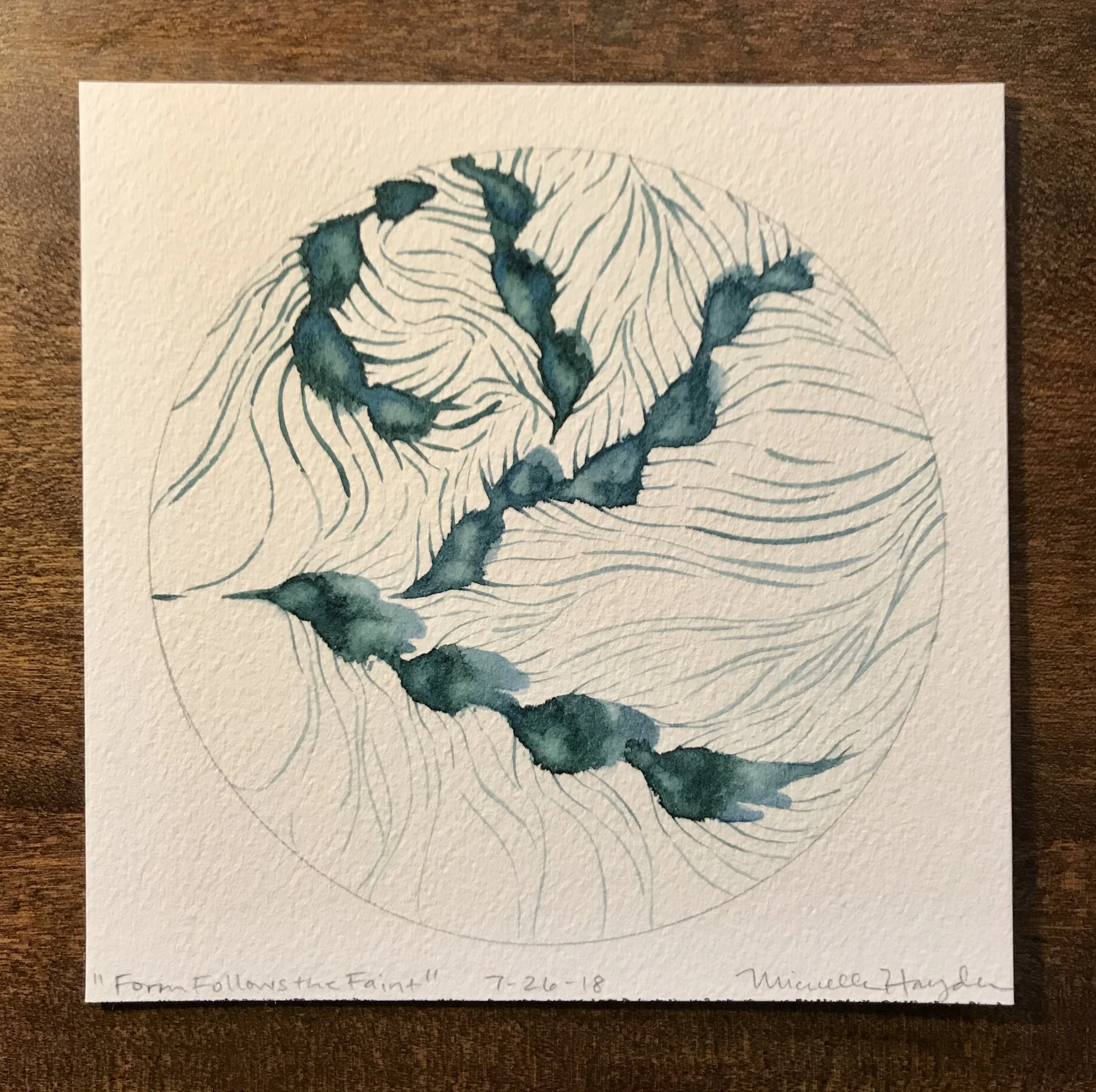 ("As I tentatively placed my brush to paper and began making marks, I felt the reticence in my hand as the paint slowly glided across the surface. I took note, and sunk into that feeling, letting the marks reflect the emotion. I reflected on how it is important to allow ourselves to move slowly and delicately when our energy is low, unknowing, tapped out, or barely existent. It was curious to notice that as I continued to paint, that the lines became deeper and more definite, creating a path of their own. This gave me comfort, reminding that the lines we lay down, however faint, will build—one upon the other, until they strengthen into complete form. Perhaps we can all be gentle with our energies as they ebb and flow, and trust in their process of becoming...")