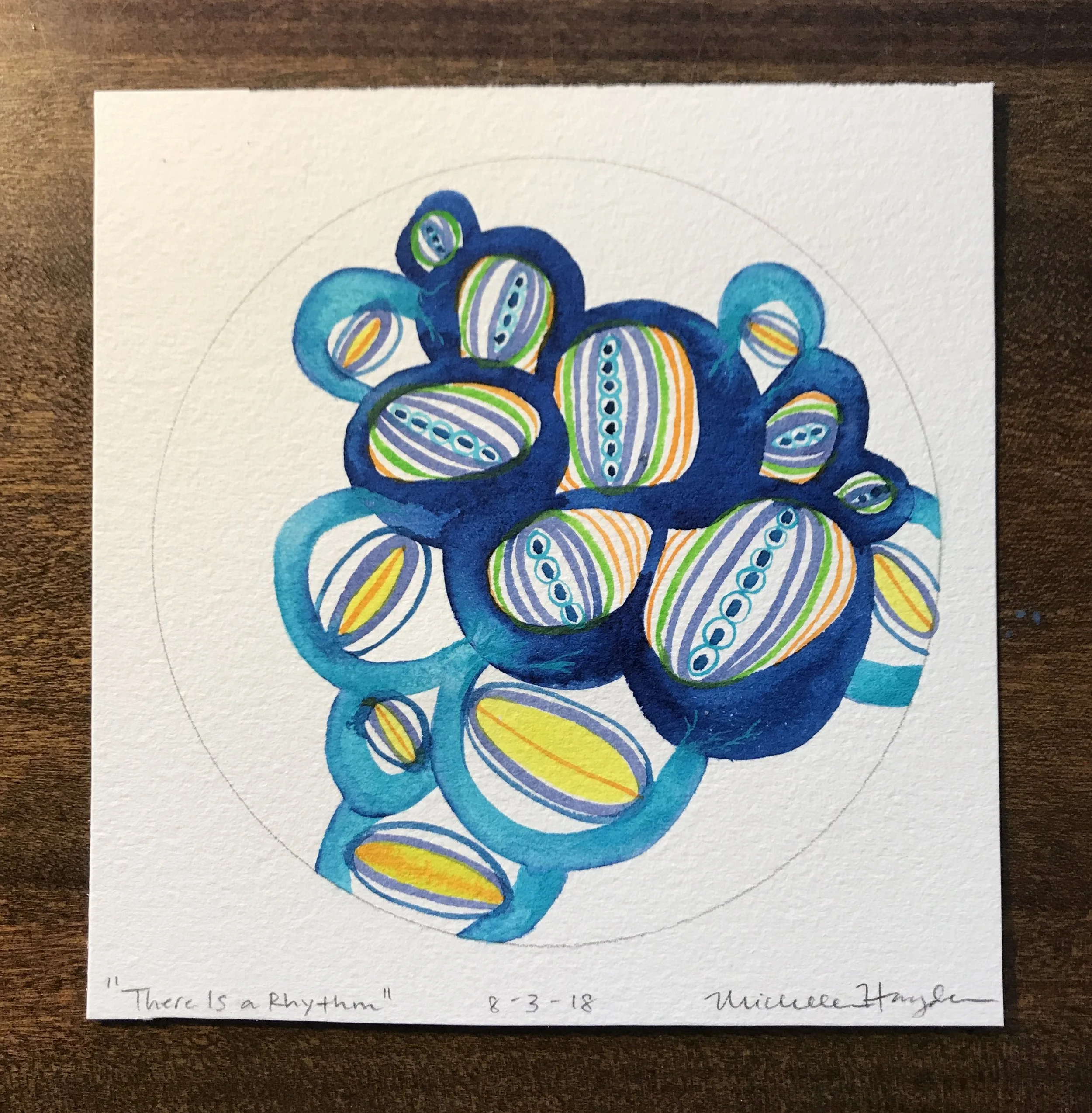 ("I honestly did not feel like painting this morning... I mumbled around in my head about other things that need attention, coming back to the fact that I made a commitment to myself to sit down and try each day if I am able, until it feels right to stop. So, I began painting an organic shape that often shows up, and then just started laying in elements, one bitty line at a time, until there was pattern, form, and color— all of which eventually made me smile, recalling a children’s book I used to read to the boys about this family of rabbits that hand-painted Easter eggs, and eventually the whole town, because they could not stop painting once they began. It made me aware of how we can find a rhythm, even if we do not begin with one, by just being present and starting. There is reassurance in this repetition that is good to remember when I feel like resisting. What helps you push past?")