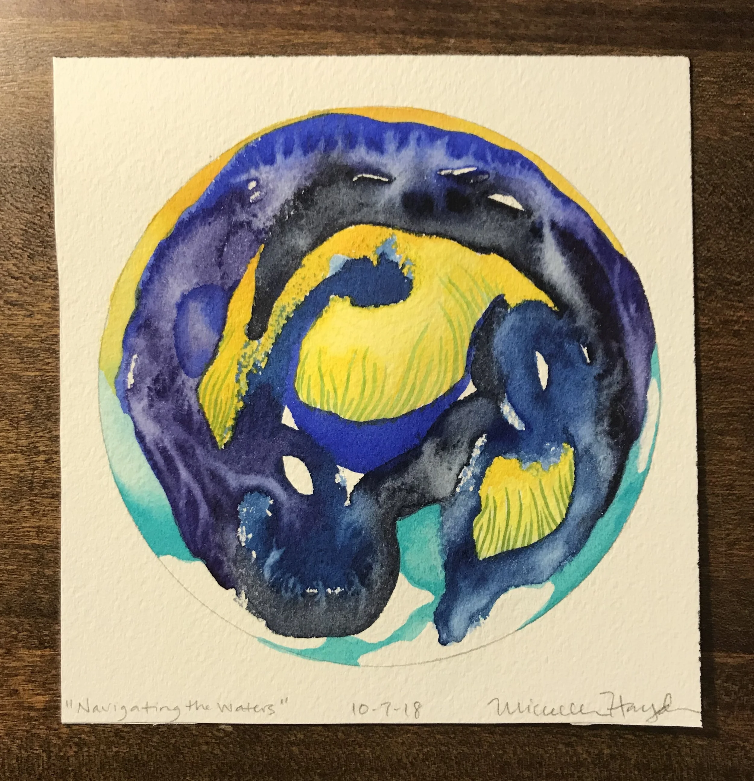 (“It is difficult to find words about my circle this morning, painted mostly with my left hand. As I worked on art all day yesterday as news unfolded, I reflected on the task in front of me to raise our boys, and how challenging a world it is in which they are growing. It saddens me and makes me angry beyond what I want to write here, and so I come back to my responsibility to do the best I can to help them navigate the most beautiful and the most wretched parts of being human, and that which lies between. I am often stopped in my tracks as I field their painful questions, listen to their perspectives, and witness them remain open, curious, excited, and hopeful about life. I am grateful for the lessons they bring to us, and am so happy that we are heading into the woods today as a family, taking some much-needed time to connect.”)