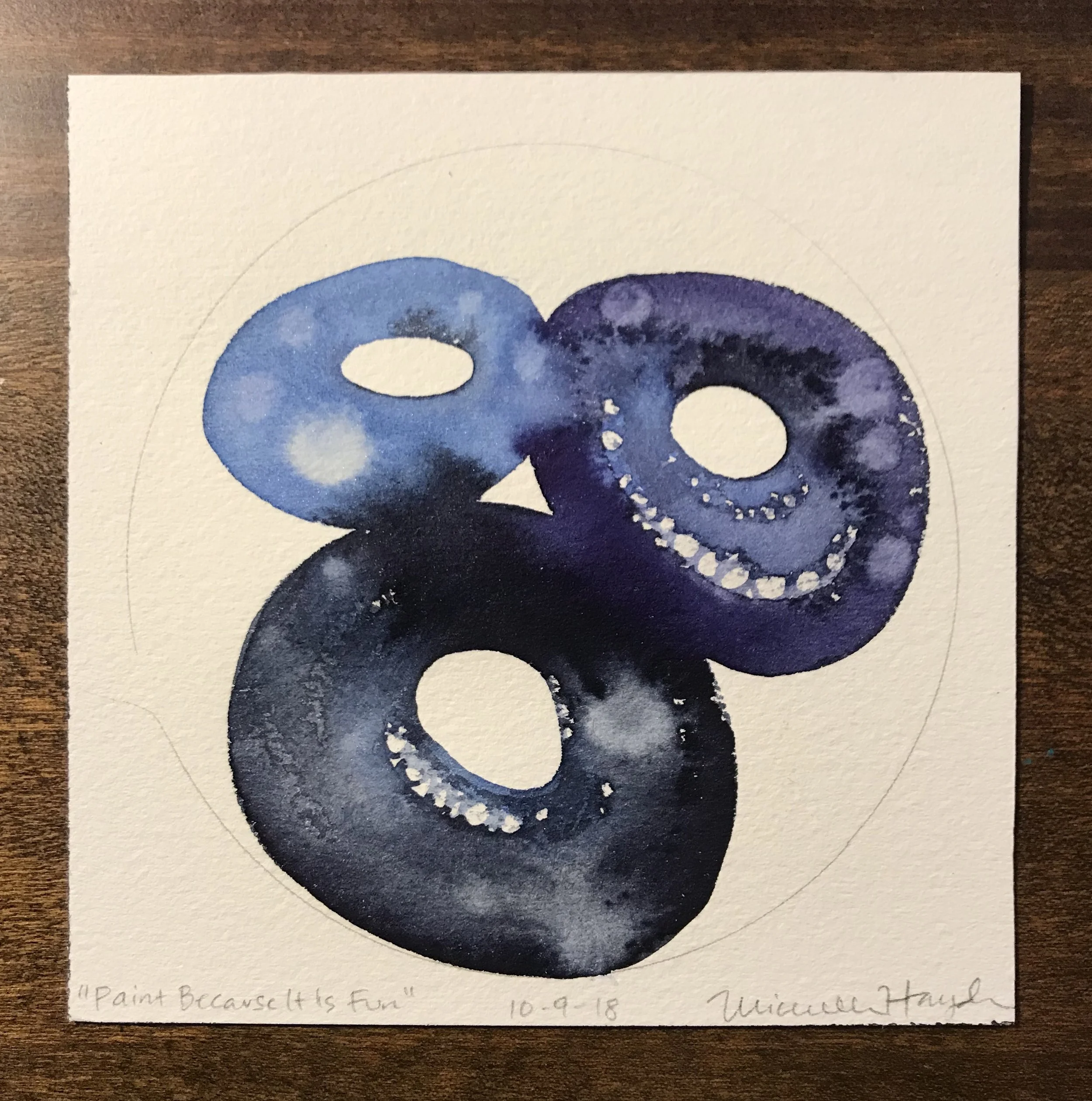 (This morning my spouse got up earlier than usual and offered extra time before leaving for work to have coffee together, which we usually share on the weekend at a more leisurely time. I had wanted to paint first thing, and realized I could very easily do so, if I would just let go of expectation for having a well-developed circle. I could just paint for fun, which was one of the original foundations for these daily paintings. I find myself pushing up against expectations that exist only in my head, and have to keep reminding myself that they are mine to remove. Practice daily, indeed. I am grateful for the gentle nudge this morning (as well as the caffeine waiting in the French press) that sheds light on old patterns that call for release, one sip at a time :).”)