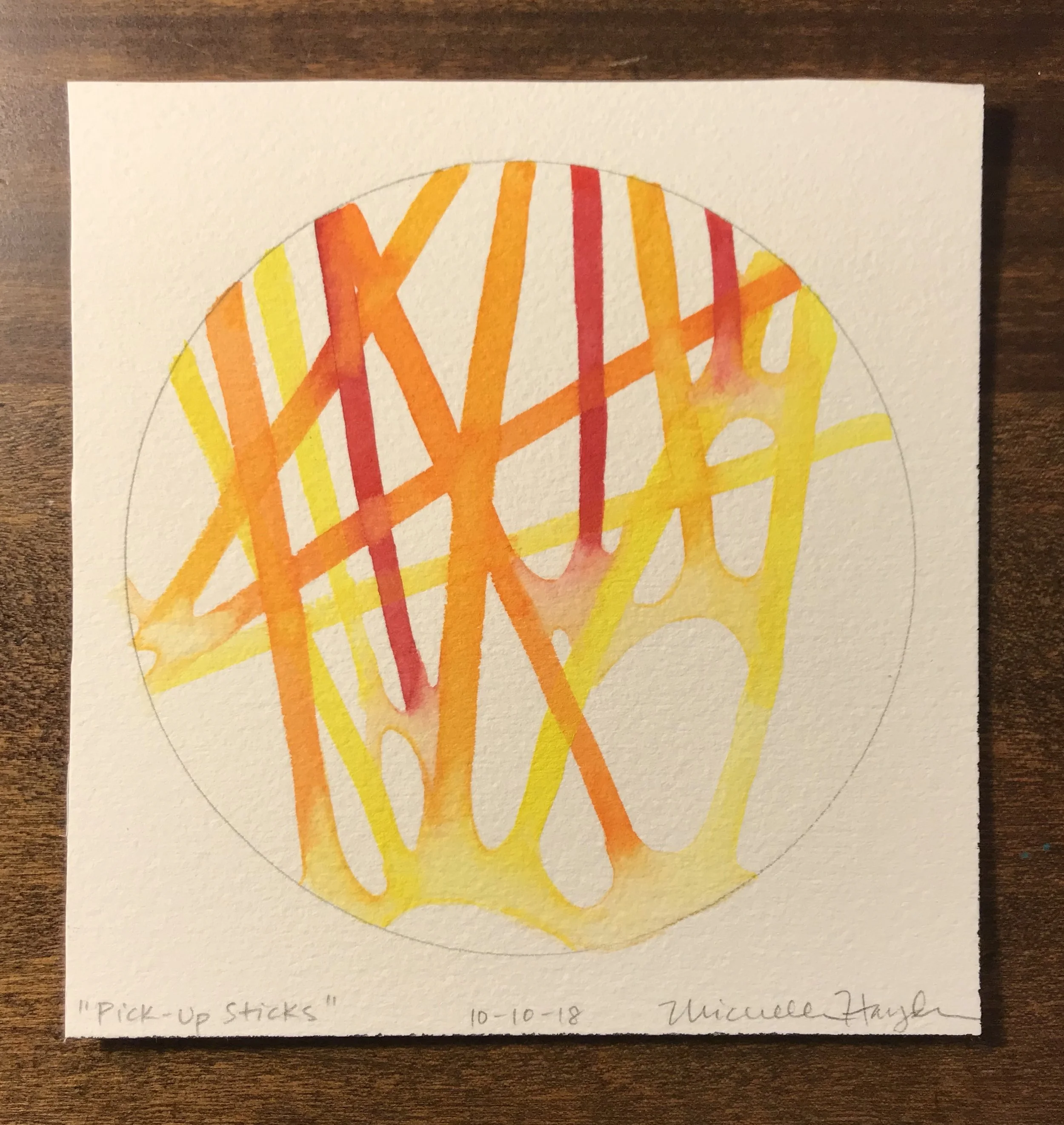 (“This circle began by choosing to use flat brushes, which I rarely use... I suppose I am drawn to the more organic shapes of a round brush, rather than the clean straight edges of a flat one. As line after line was laid down, I could not resist connecting them with some curvy tracks of water, and realized they reminded me of that game we used to play as children— Pick-up Sticks. I can remember the sound of the splay of sticks as they hit the hardwood floor, and how much concentration I would try and muster to get one removed from the other without disturbing the main pile. I was reflecting on how much this feels like the interweaving of political turmoil and the affected lives across the world, as well as some that are hitting very close to my core. Try as I might to paint lightly, feeling too tired by the emotion within to express it externally some days, the overlap remains there. Some days I wish we could just pick up the pile and start again, but it is obviously not that simple. I continue to search for the beauty and the power of the human spirit that each stick holds.”)