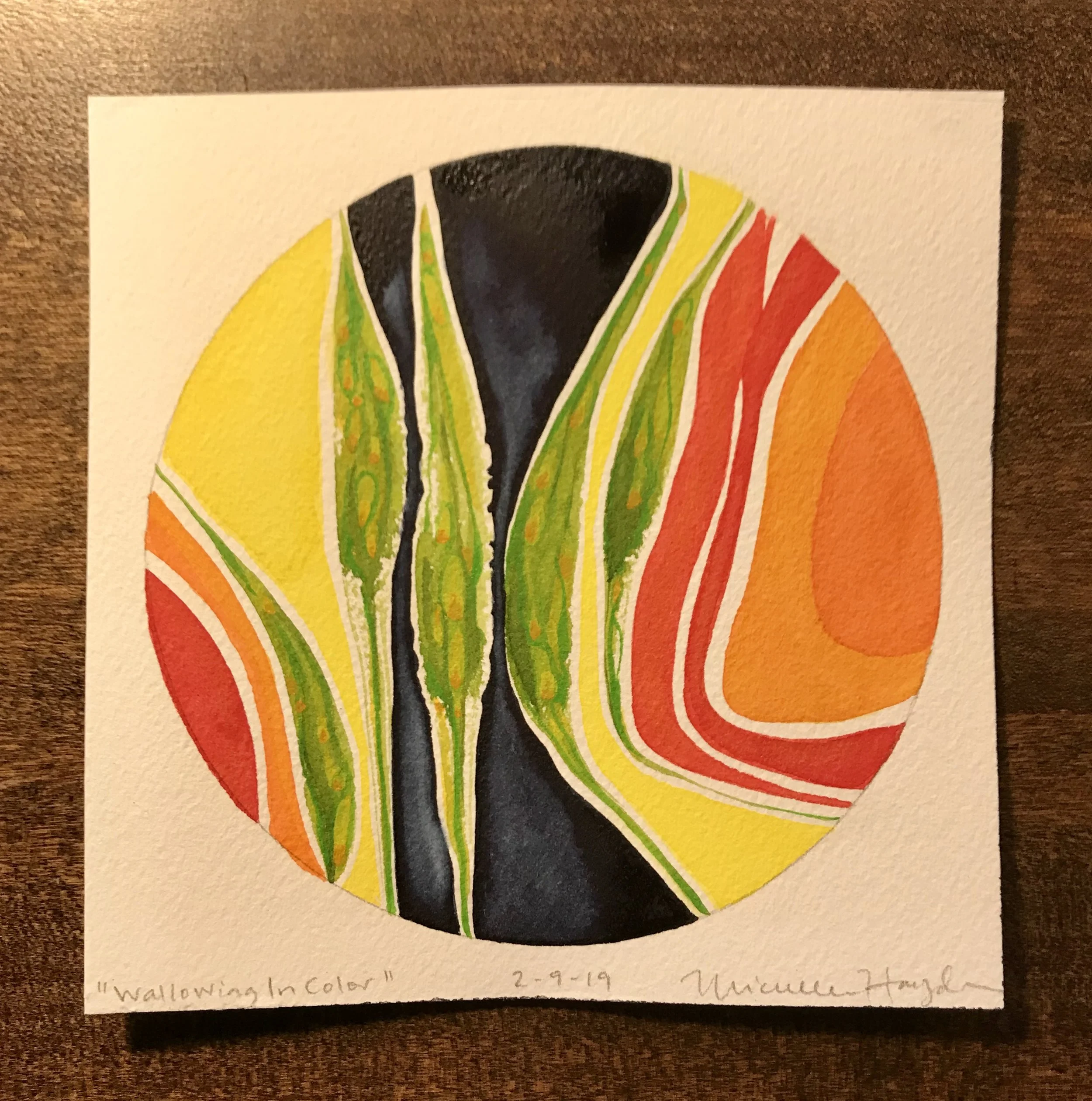 “I don’t know exactly why I resist (or think I “should not be”) painting in bright colors some days— I suppose it is partly for good measure to push past what is familiar. Despite always have been enamored with color, I have not always gravitated towards expressing the bright, a process which has evolved over many years of making sure I do nothing to stand out in clothing, paint, voice. I feel immense gratitude to continue traveling this open road, buoyed up and encouraged to go deeper by mere shades and hues which draw me in... Today’s is joy-filled, as my sister and her spouse are coming to visit. I can hardly wait and I happily let the paint exclaim that!”