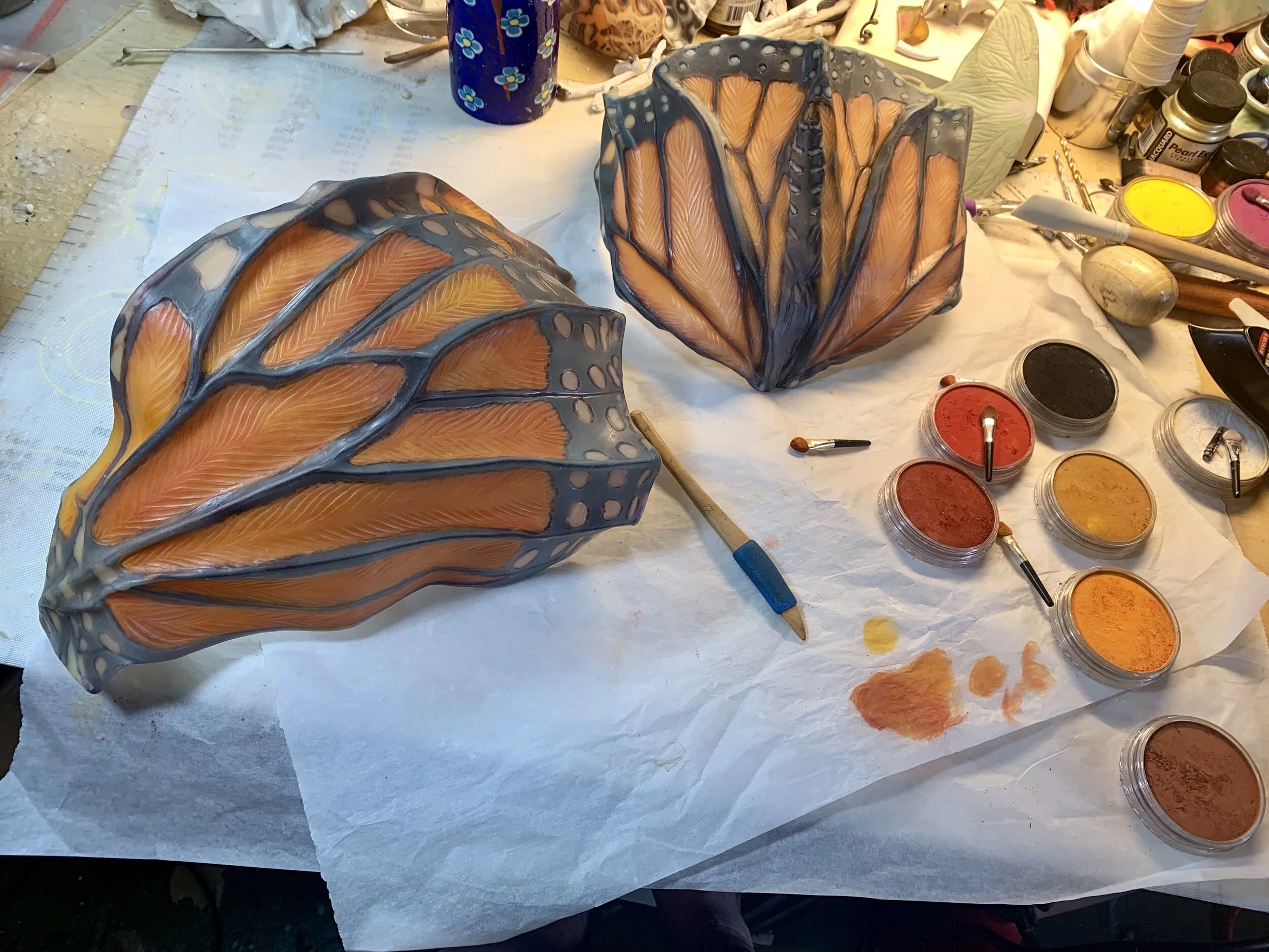 Deeper breaths ensued after sculpting them into form, a familiar and reassuring knowing from my hands that did not solve the bigger issue that looms large in my mind, but did bring quiet. Layers of dry pigment brought color back to the vibrancy hidden below many layers of wax… a slow and tedious process of breathing like back in…