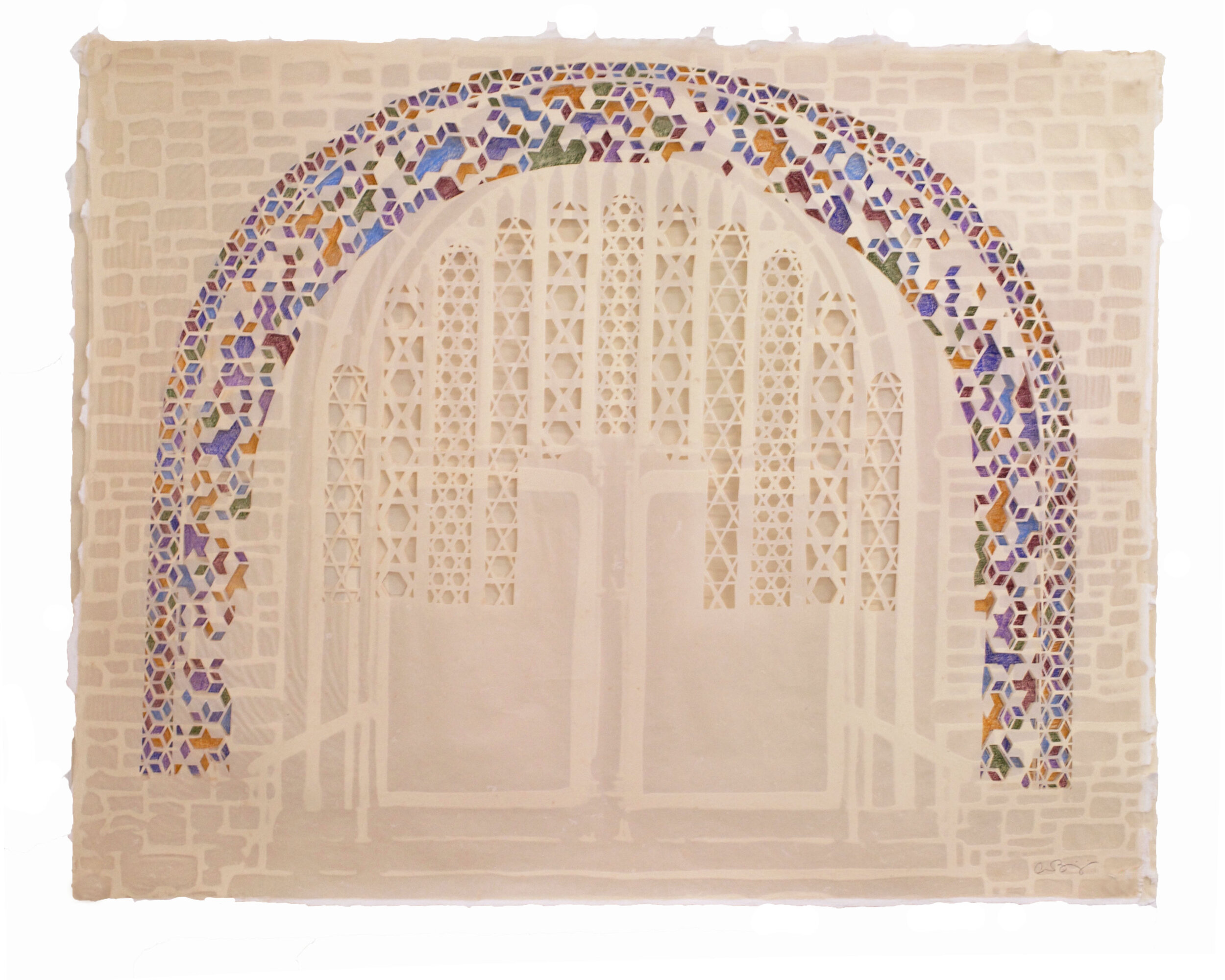  Anna Hendrick Karpatkin Benjamin,  Stephen Wise Free Synagogue  (cut and color), 2018, Cotton blowout on abaca sheet, hand cut and colored pencil, 17 x 21 inches.  