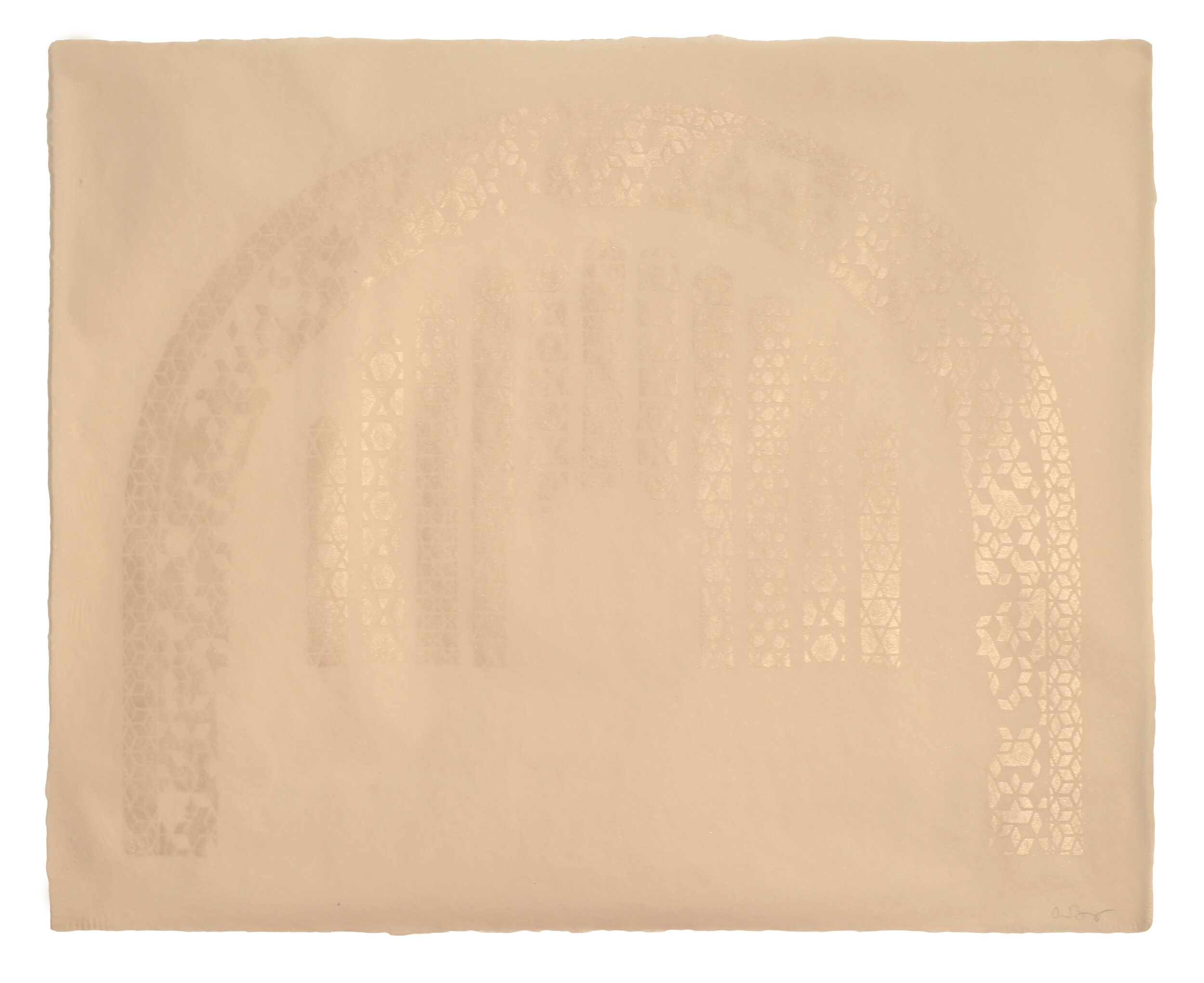  Anna Hendrick Karpatkin Benjamin,  Stephen Wise Free Synagogue  (stencil), 2018, Pigmented linen pulp paint on abaca base sheet, 16 x 19.75 inches.  