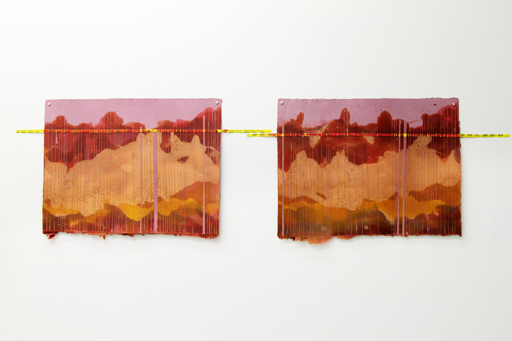   Candy Alexandra González , Untitled, 2019, Pulp paint and measuring tape on pigmented cotton, 17.5 x 23.5 inches each 