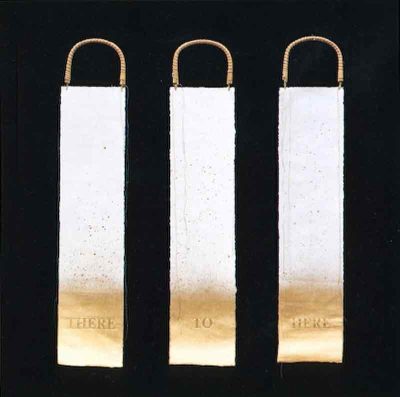   Tomie Arai   There To Here , 1991 Handmade abca paper, bamboo teapot handles, spray paint, embossment, thread 26 x 5 Inches each 