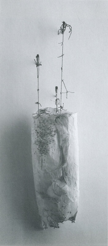   Mary Ting   Vestige (black and white image) , 1994 Paper, wax, staples, rope 25 x 6 x 3 Inches 