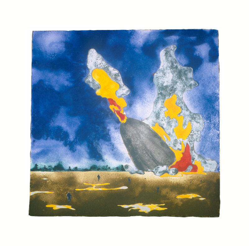   Marguerite Kahrl   Crash , 2002 Stenciled linen pulp on cotton base sheet, pigment 39 3/4 x 40 inches 