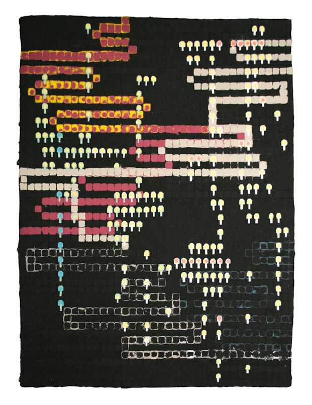   Rosemarie Fiore   Centipede, Atari 1980 , 2001 Stenciled linen pulp, on cotton base sheet, pigment, mat medium 29 3/4 x 22 inches     